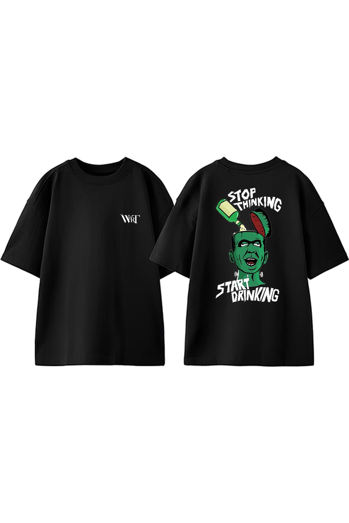 THEWERT Start Drınkınng Frankenstein Tasarım Sırt Baskılı Pamuk Siyah Oversize T-shirt