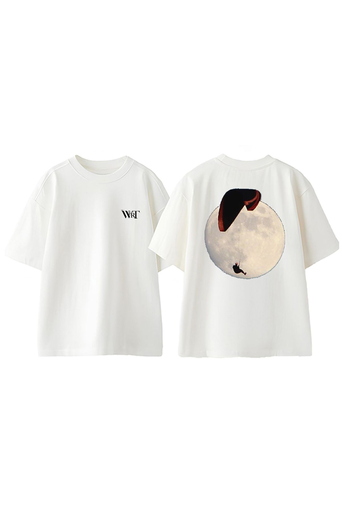 THEWERT Yamaç Paraşütü Ve Ay Tasarım Sırt Baskılı Pamuk Beyaz Oversize T-shirt