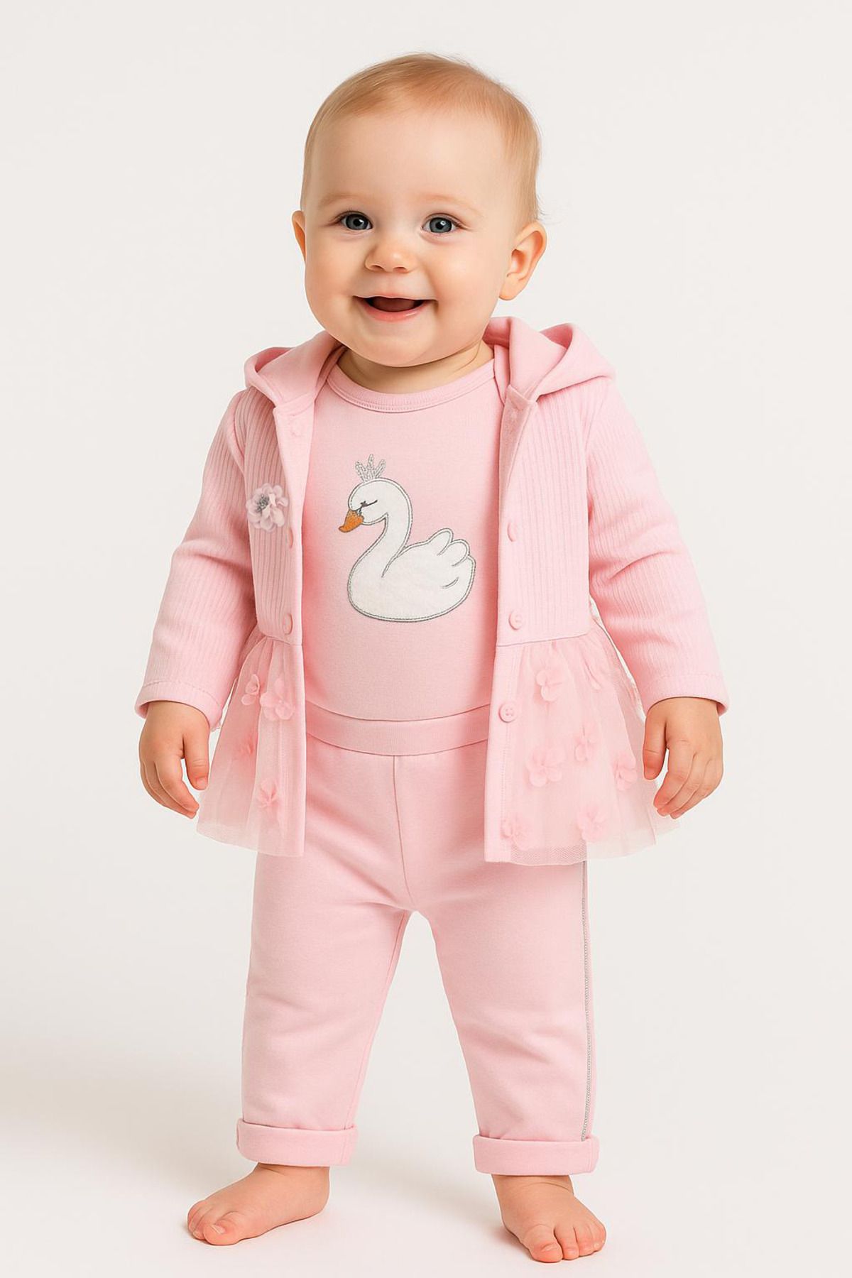 Trend Bebe Butik 3’lü Bebek Takımı | Pembe Kuğu Nakışlı Body Hırka Pantolon Seti | Kız Bebek Giyim 0-9 Ay