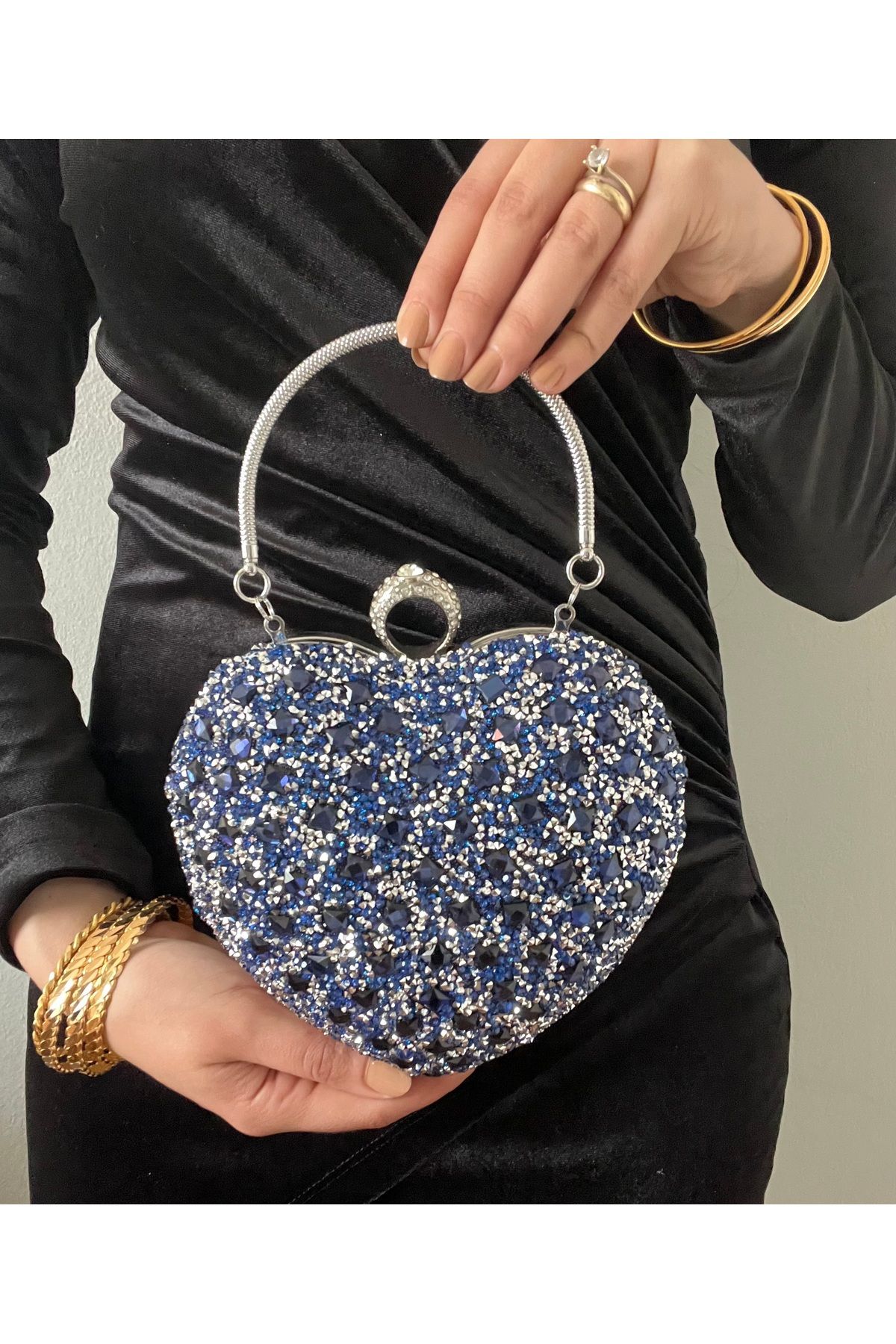 Baykuş Boutique Kalpli Abiye Çanta Kadın Kristal Taşlı El ve Omuz Askılı Abiye Çanta