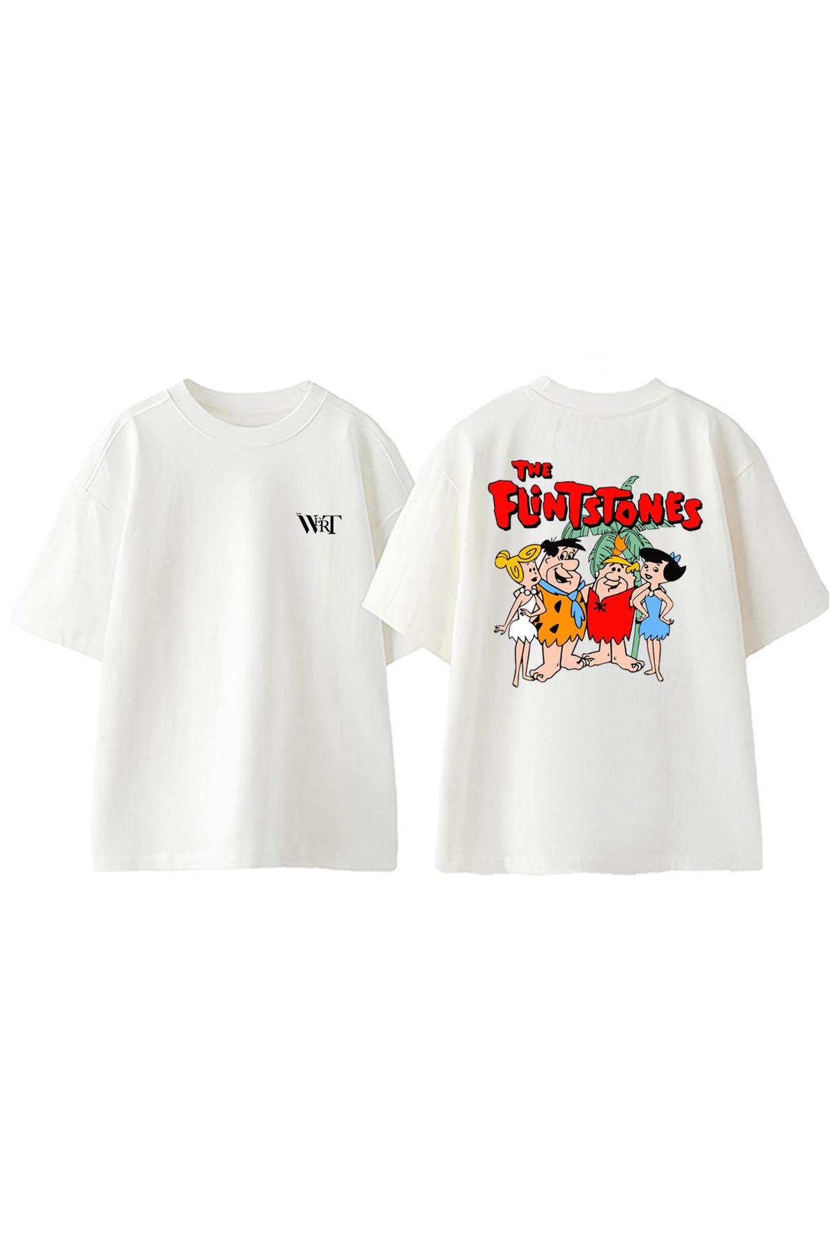 THEWERT The Flintstones Tasarım Sırt Baskılı Pamuk Beyaz Oversize T-shirt