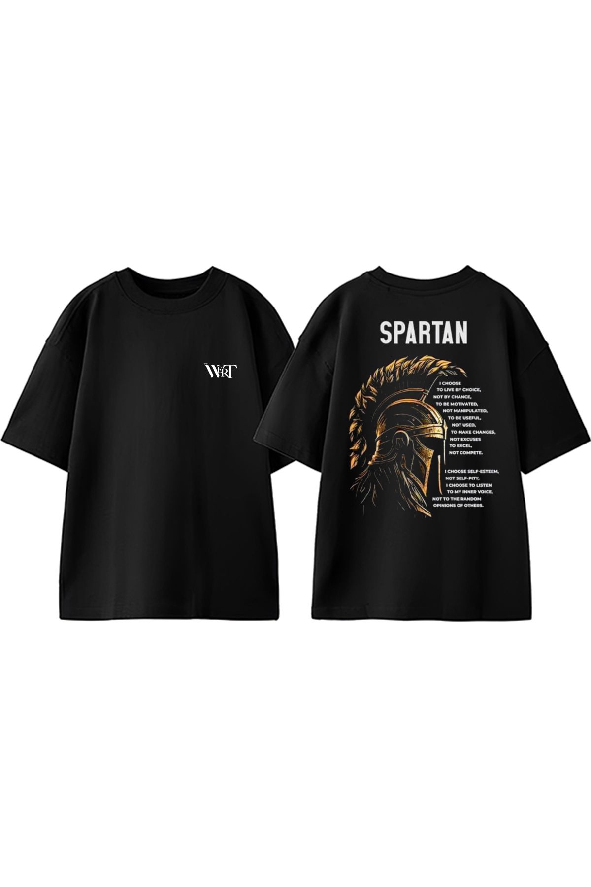 THEWERT Spartan Kask Tasarım Sırt Baskılı Pamuk Siyah Oversize T-shirt