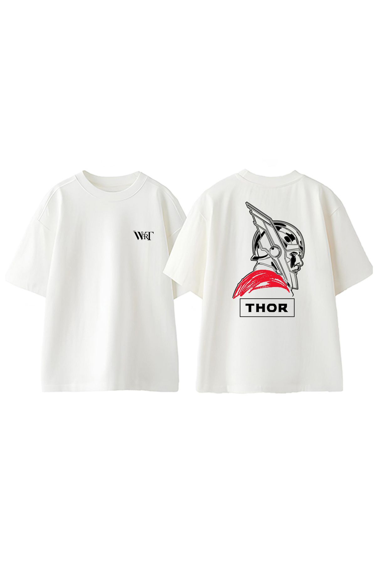 THEWERT Thor Çizim Tasarım Sırt Baskılı Pamuk Beyaz Oversize T-shirt