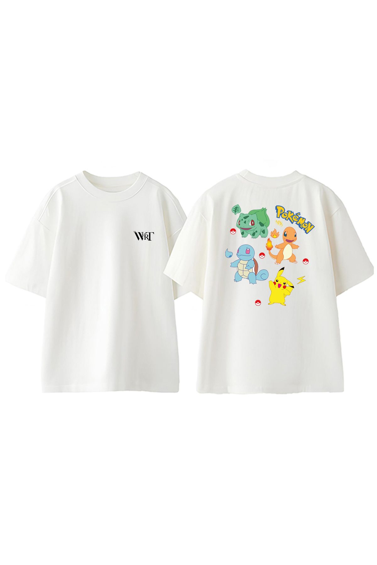 THEWERT Pokemon Karakterler Tasarım Sırt Baskılı Pamuk Beyaz Oversize T-shirt