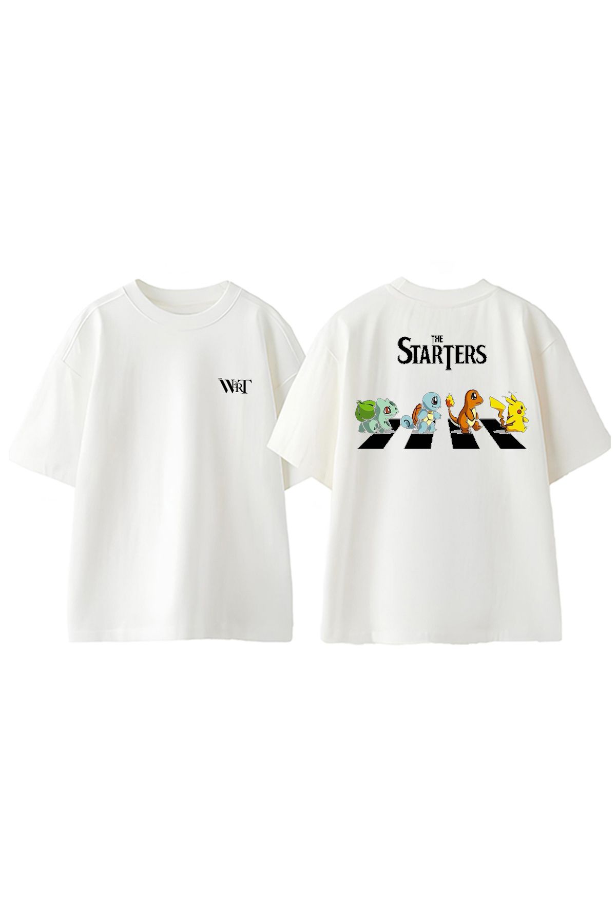 THEWERT Pokemon The Starters Tasarım Sırt Baskılı Pamuk Beyaz Oversize T-shirt