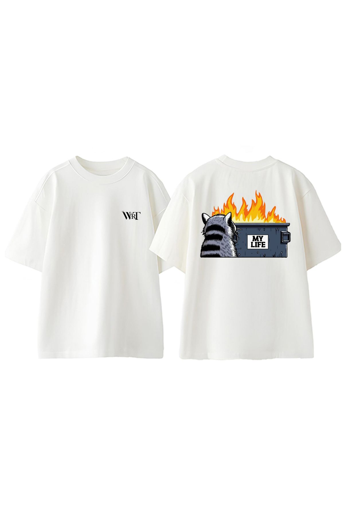 THEWERT Raccoon My Life Tasarım Sırt Baskılı Pamuk Beyaz Oversize T-shirt