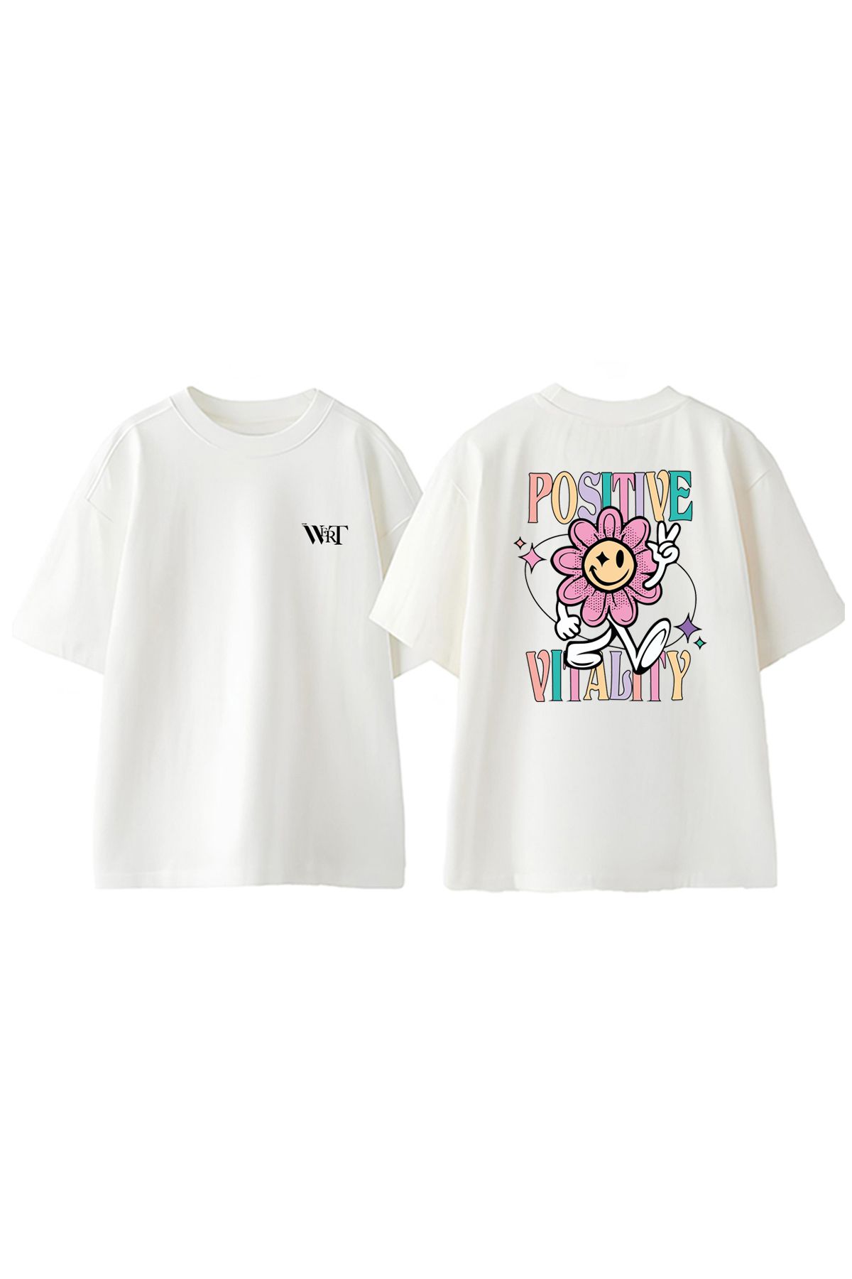 THEWERT Positive Vitality Tasarım Sırt Baskılı Pamuk Beyaz Oversize T-shirt