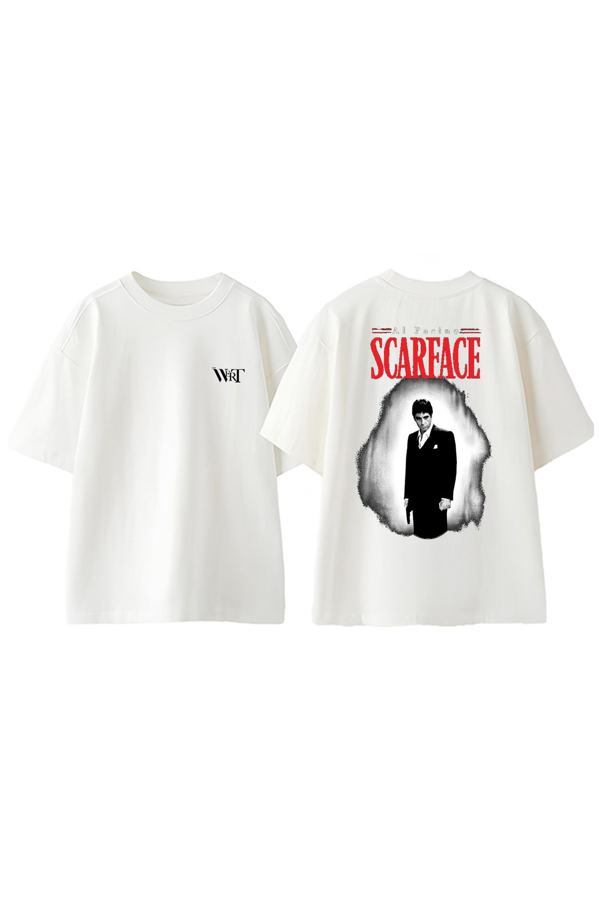 THEWERT Scarface Al Paçino Tasarım Sırt Baskılı Pamuk Beyaz Oversize T-shirt