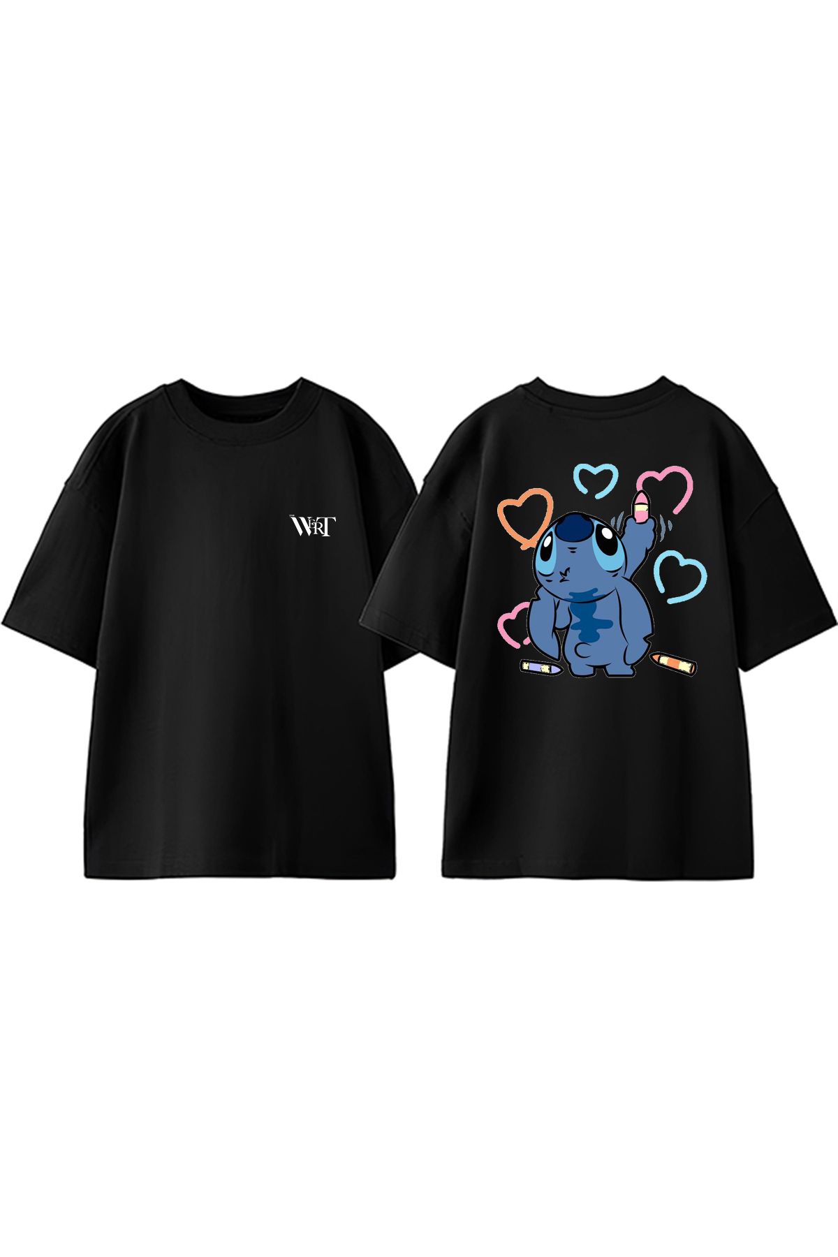 THEWERT Stitch Drawing Heart Tasarım Sırt Baskılı Pamuk Siyah Oversize T-shirt