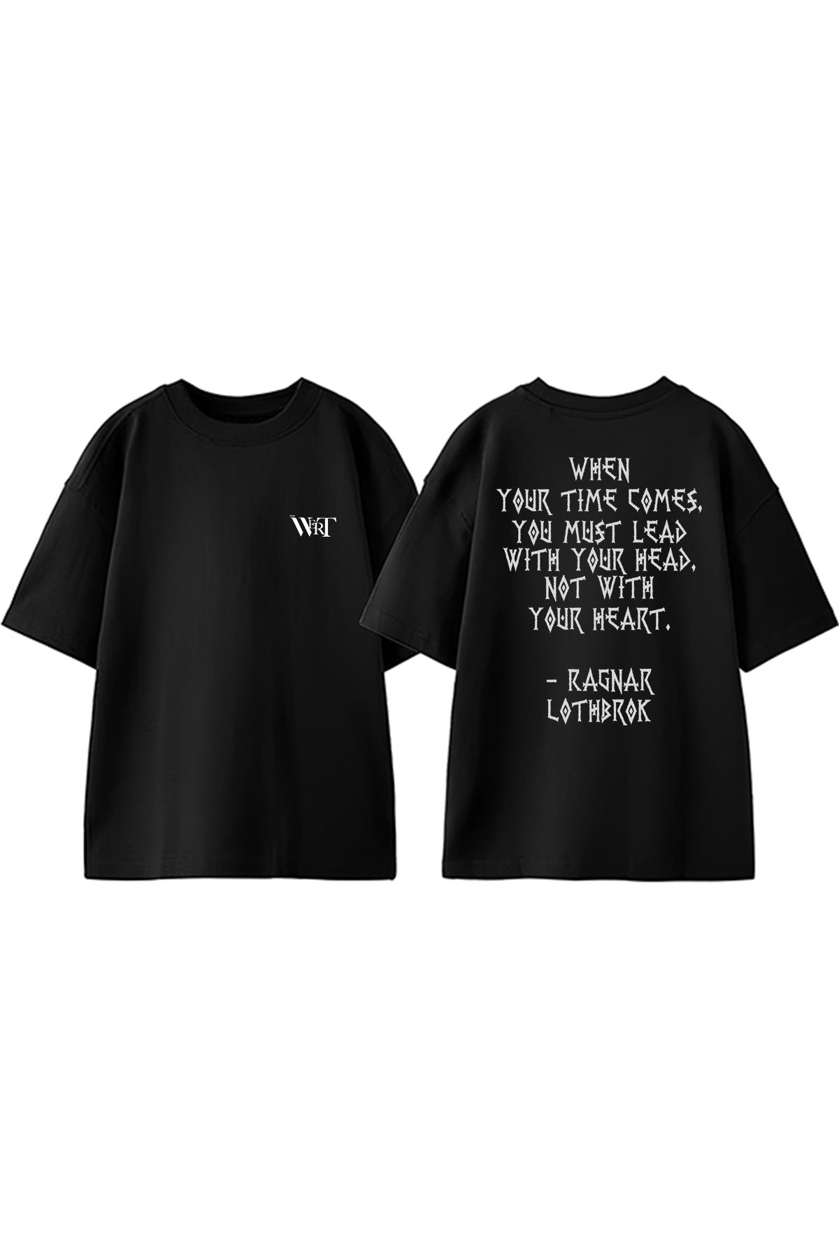 THEWERT Ragnar Lothbrok Yazi Tasarım Sırt Baskılı Pamuk Siyah Oversize T-shirt