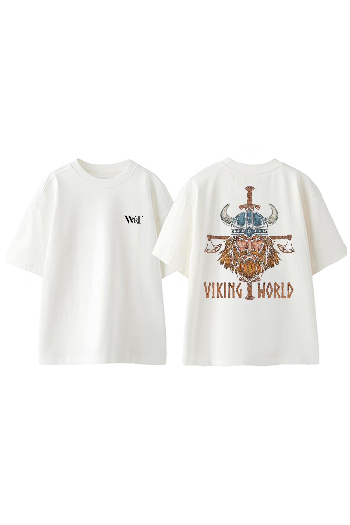 THEWERT Relive The Viking World Tasarım Sırt Baskılı Pamuk Beyaz Oversize T-shirt