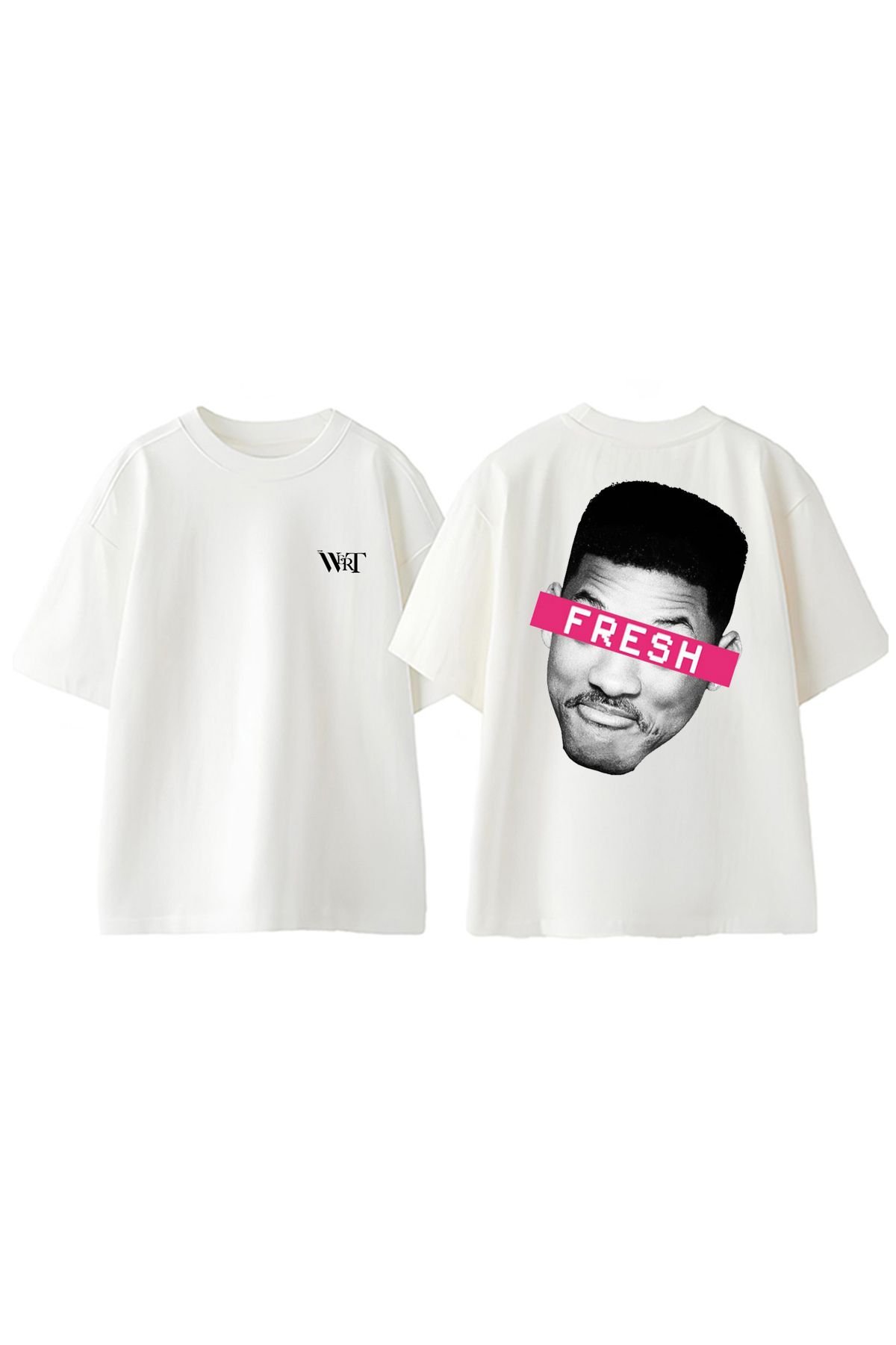 THEWERT Will Smith Fresh Tasarım Sırt Baskılı Pamuk Beyaz Oversize T-shirt