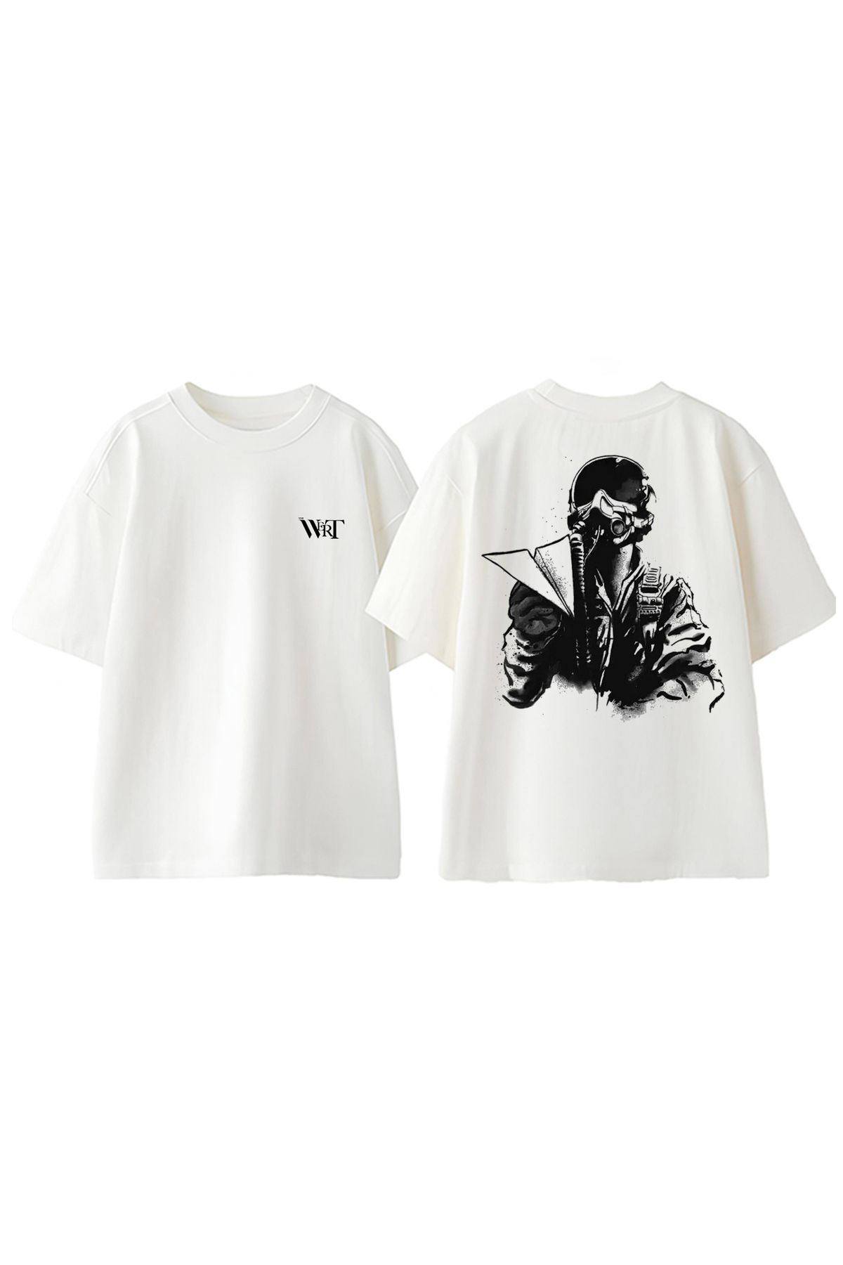 THEWERT Pilot Ve Ucak Tasarım Sırt Baskılı Pamuk Beyaz Oversize T-shirt