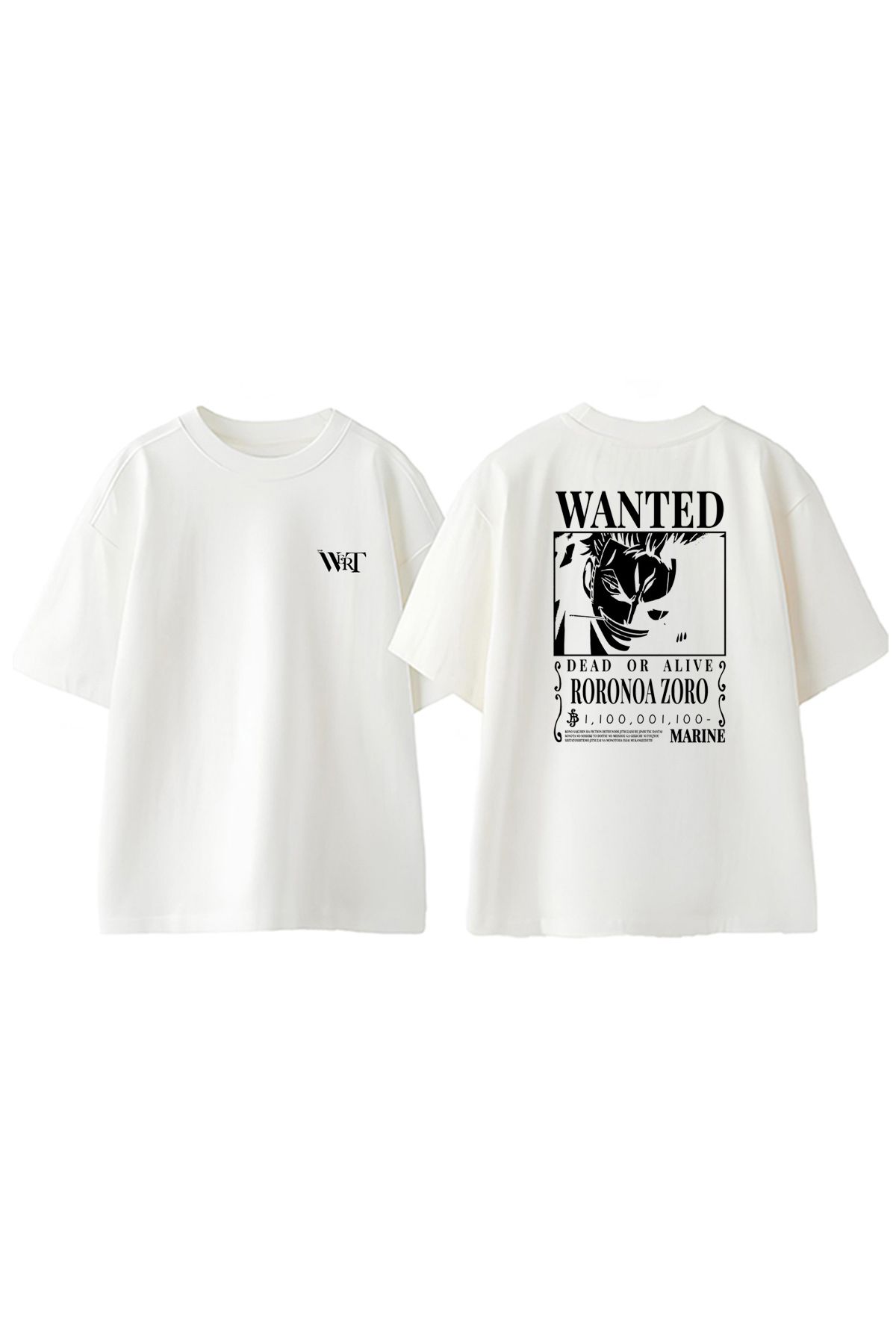 THEWERT Roronoa Zoro Wanted Tasarım Sırt Baskılı Pamuk Beyaz Oversize T-shirt