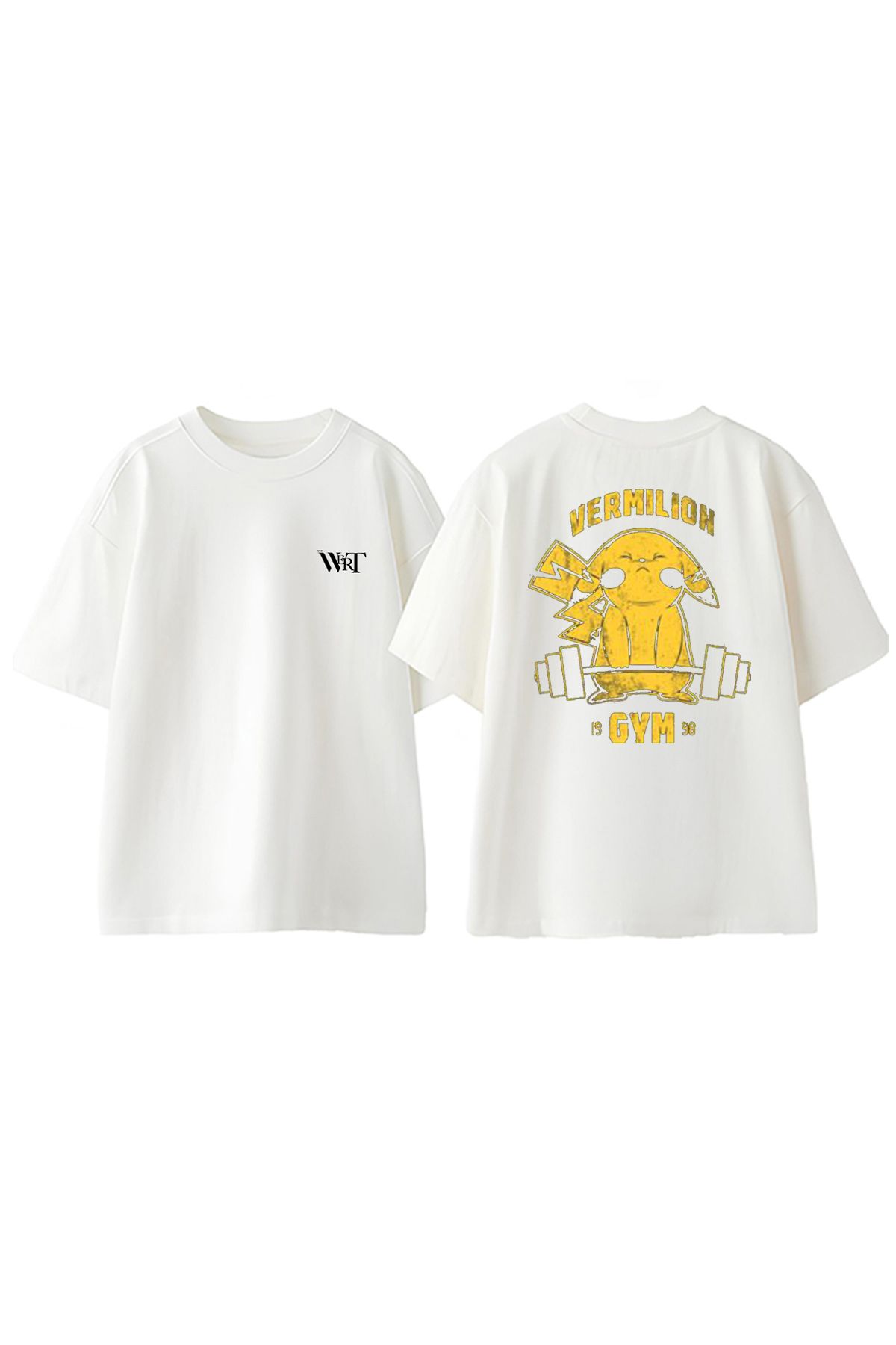 THEWERT Vermılıon Gym Pikacu Tasarım Sırt Baskılı Pamuk Beyaz Oversize T-shirt