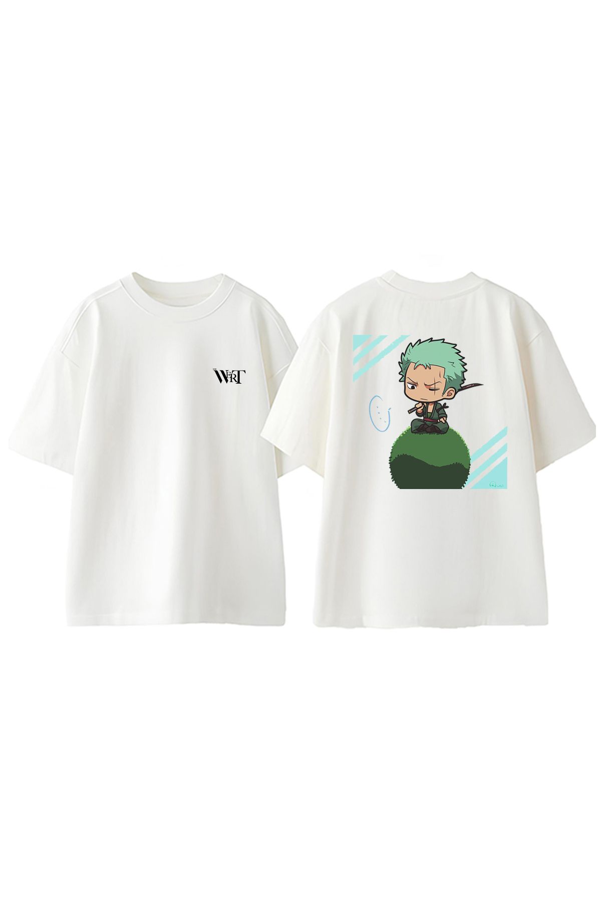 THEWERT One Piece Angry Zoro Tasarım Sırt Baskılı Pamuk Beyaz Oversize T-shirt