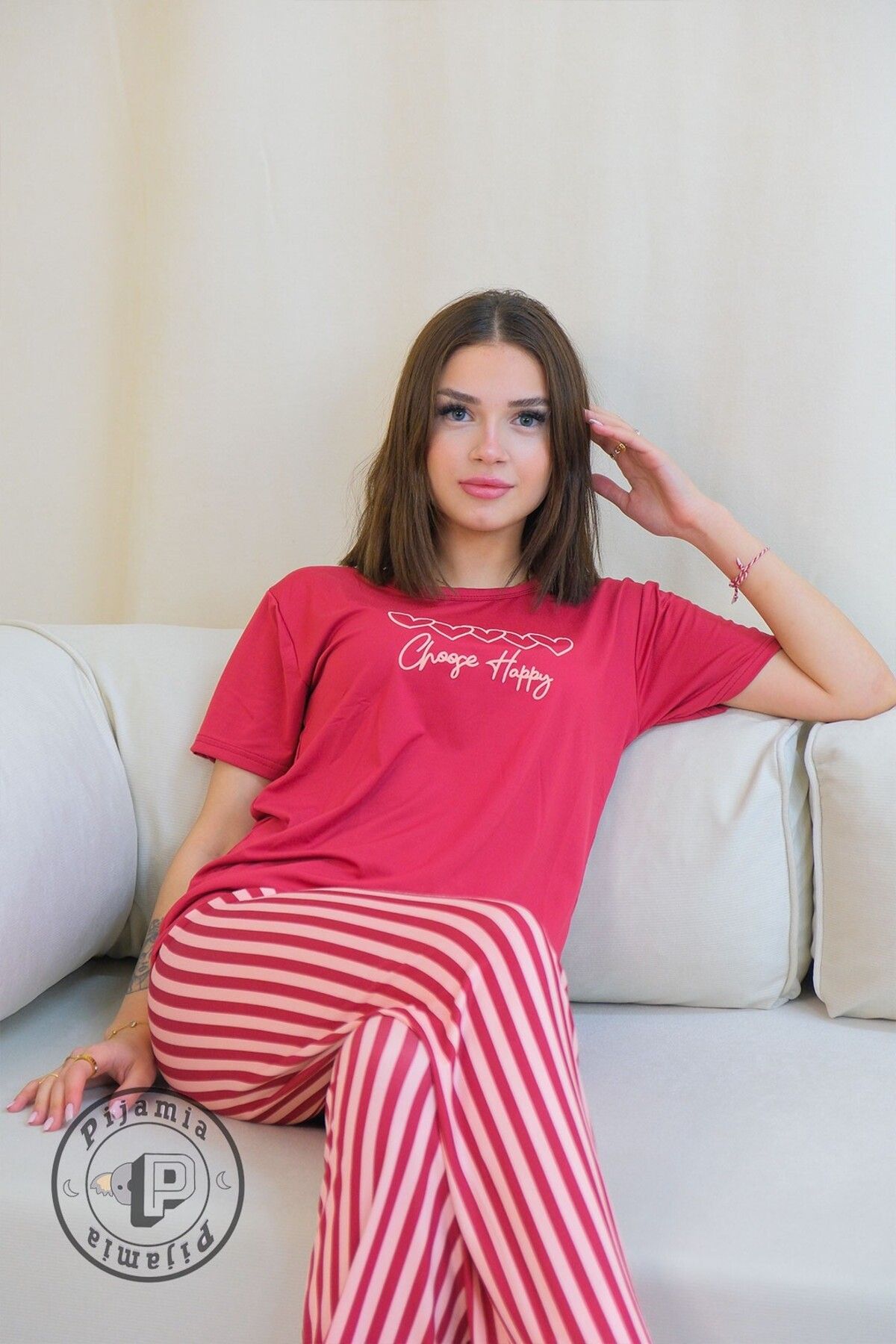 Pijamia FUŞYA ÇİZGİ DESENLİ KISA KOL KADIN PİJAMA TAKIMI