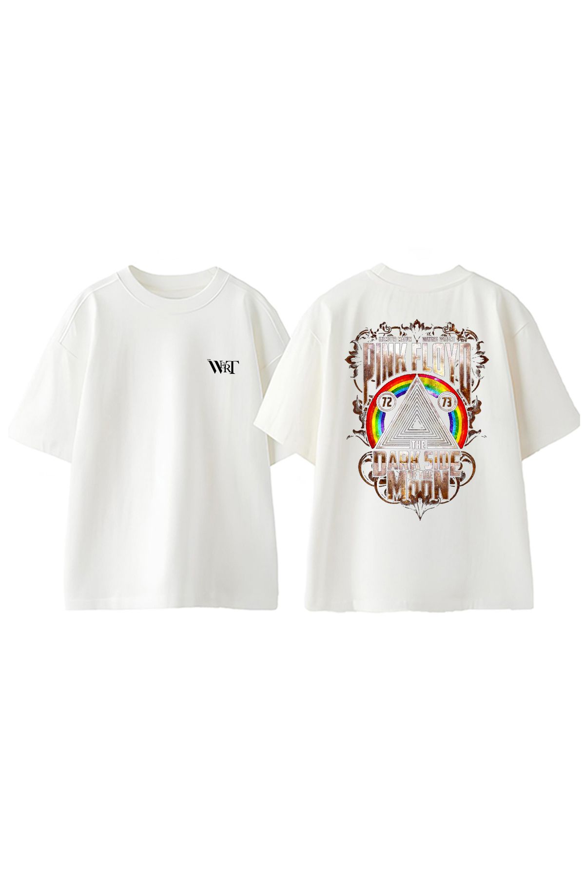 THEWERT Pink Floyd Dark Side 1 Tasarım Sırt Baskılı Pamuk Beyaz Oversize T-shirt