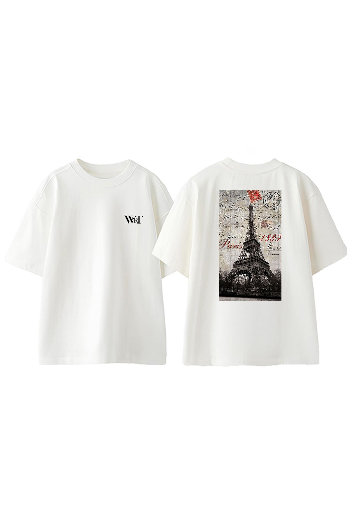 THEWERT Paris 1889 Eyfel Kulesi Tasarım Sırt Baskılı Pamuk Beyaz Oversize T-shirt