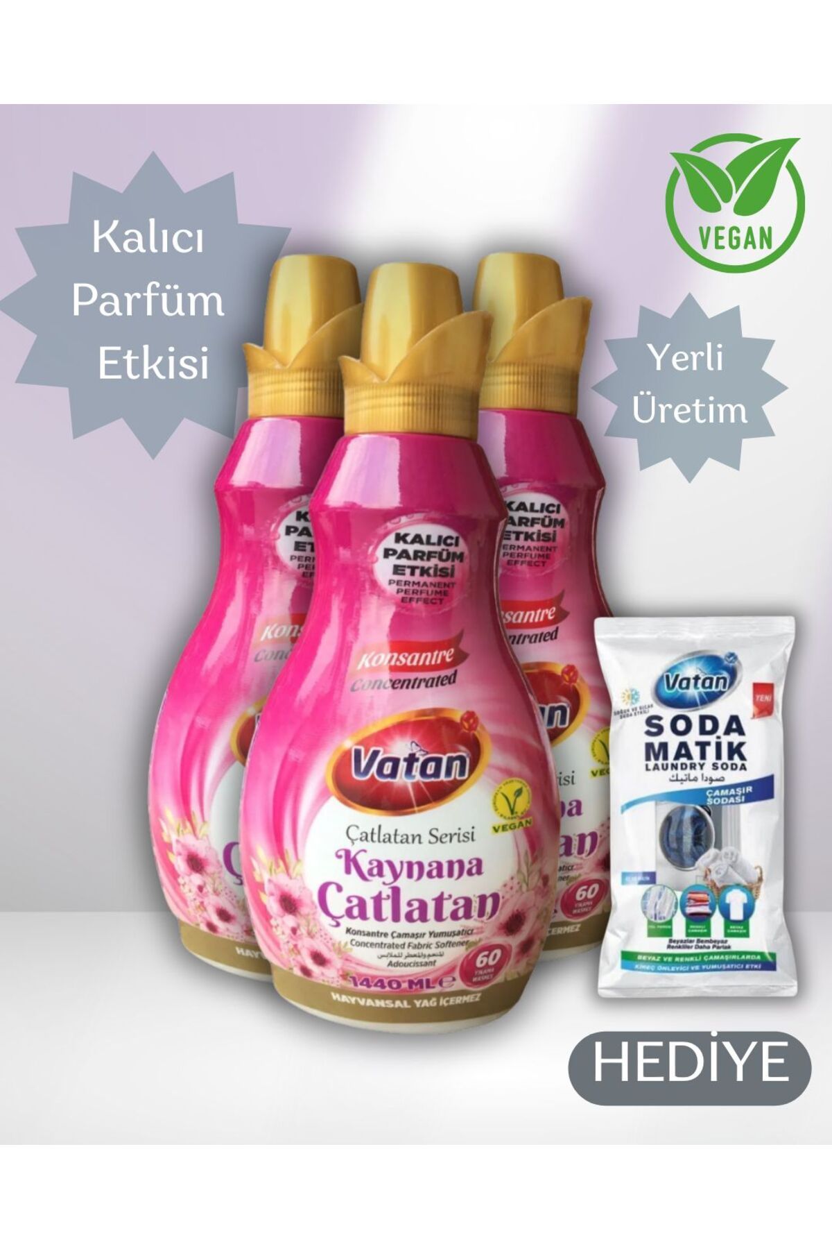 Vatan 3 Adet Kaynana Çatlatan Konsantre Çamaşır Yumuşatıcısı HEDİYE ÇAMAŞIR SODASI - %100 Vegan, 1440 ml