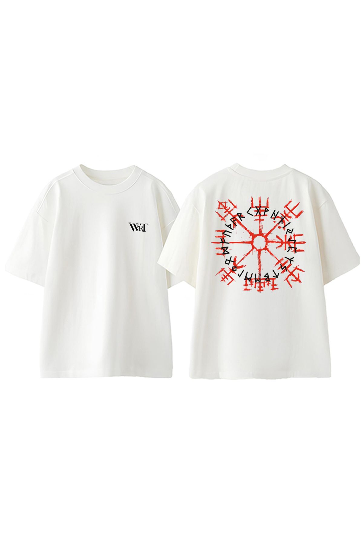 THEWERT Viking Compass Tasarım Sırt Baskılı Pamuk Beyaz Oversize T-shirt