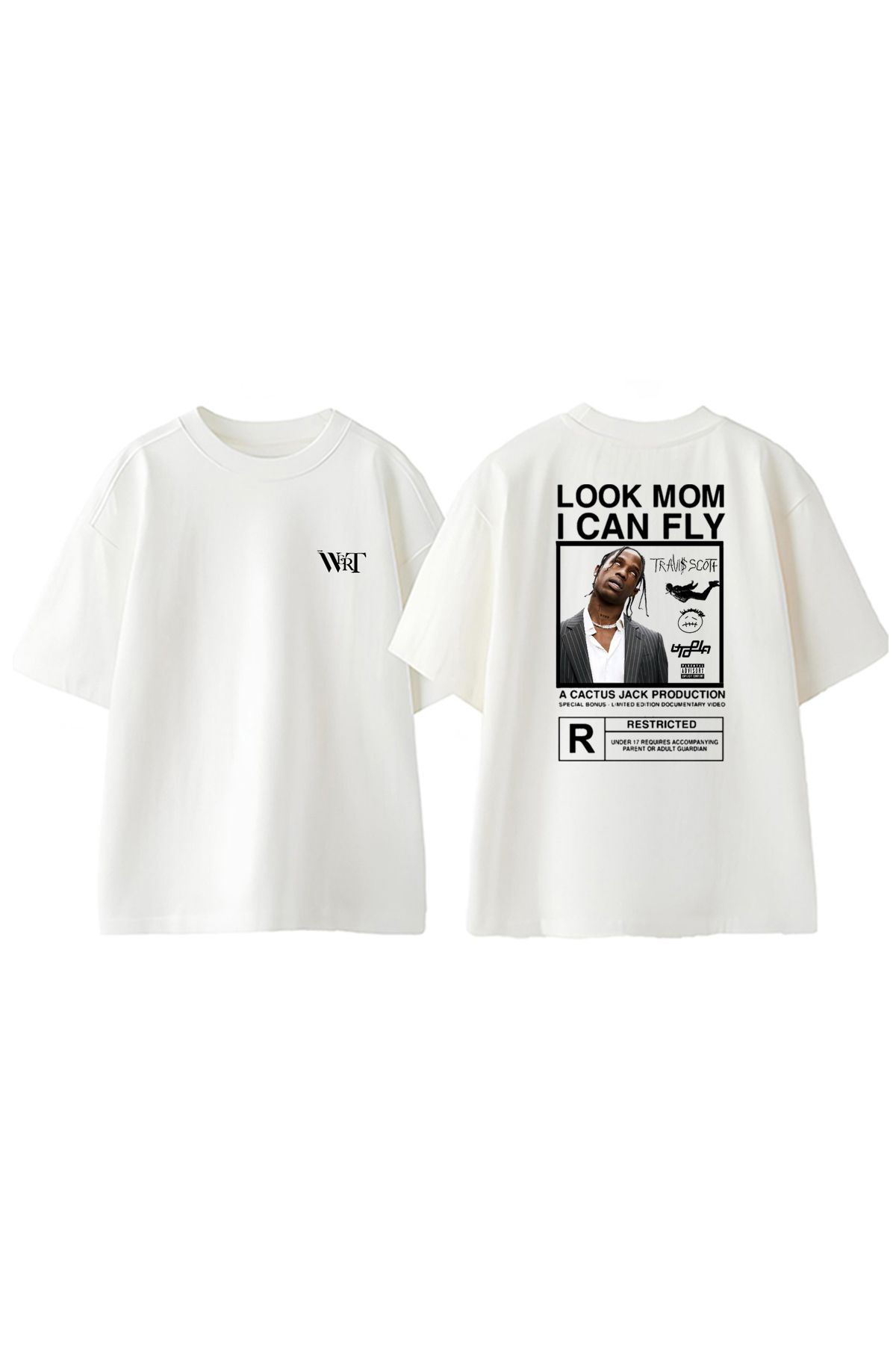 THEWERT Travis Look Mom I Can Fly Tasarım Sırt Baskılı Pamuk Beyaz Oversize T-shirt