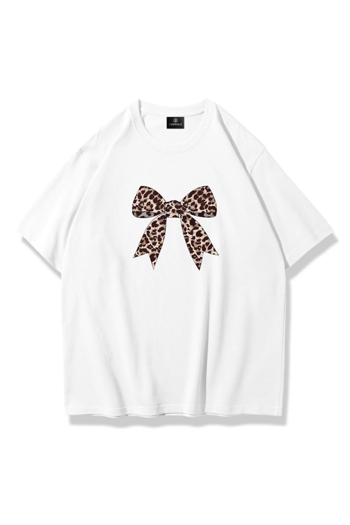 JANSO GROUP Kadın Leopar Kurdele Tshirt Beyaz