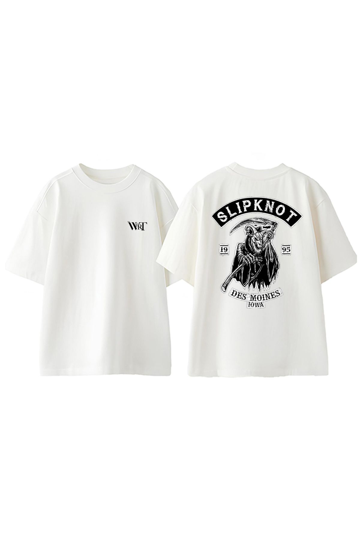 THEWERT Slipknot Des Moınes Tasarım Sırt Baskılı Pamuk Beyaz Oversize T-shirt