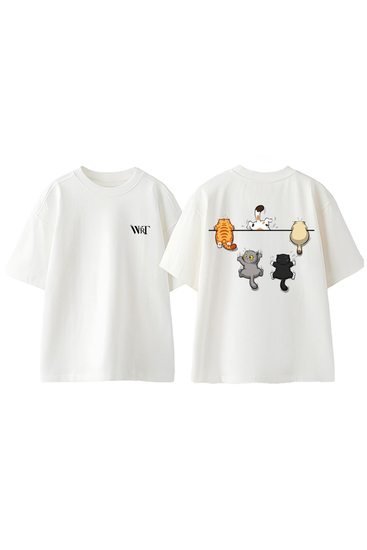 THEWERT Tırmanan Kediler Tasarım Sırt Baskılı Pamuk Beyaz Oversize T-shirt
