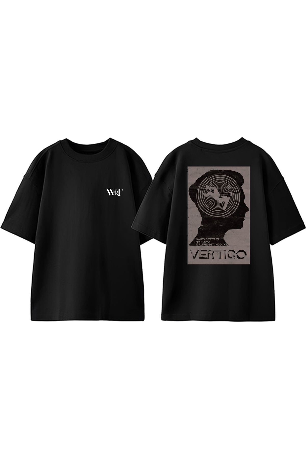 THEWERT Vertigo Film Poster Tasarım Sırt Baskılı Pamuk Siyah Oversize T-shirt