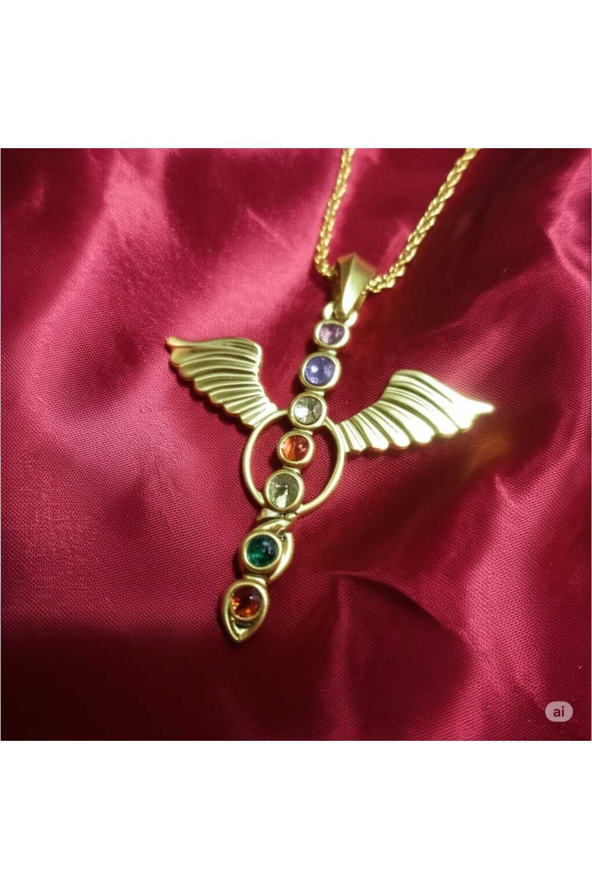 magische Gold Melek kanatlı renkli taşlı kolye