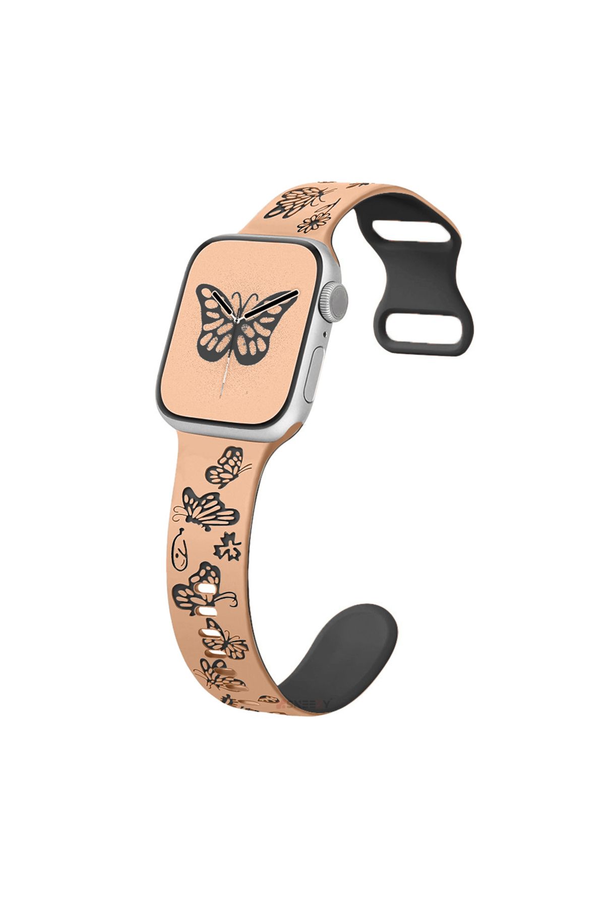 Sneezy Apple Watch Uyumlu 44 45 46mm Kelebek Desenli Yumuşak Silikon Kordon Seri 2 3 4 5 6 Se 7 8 9 10
