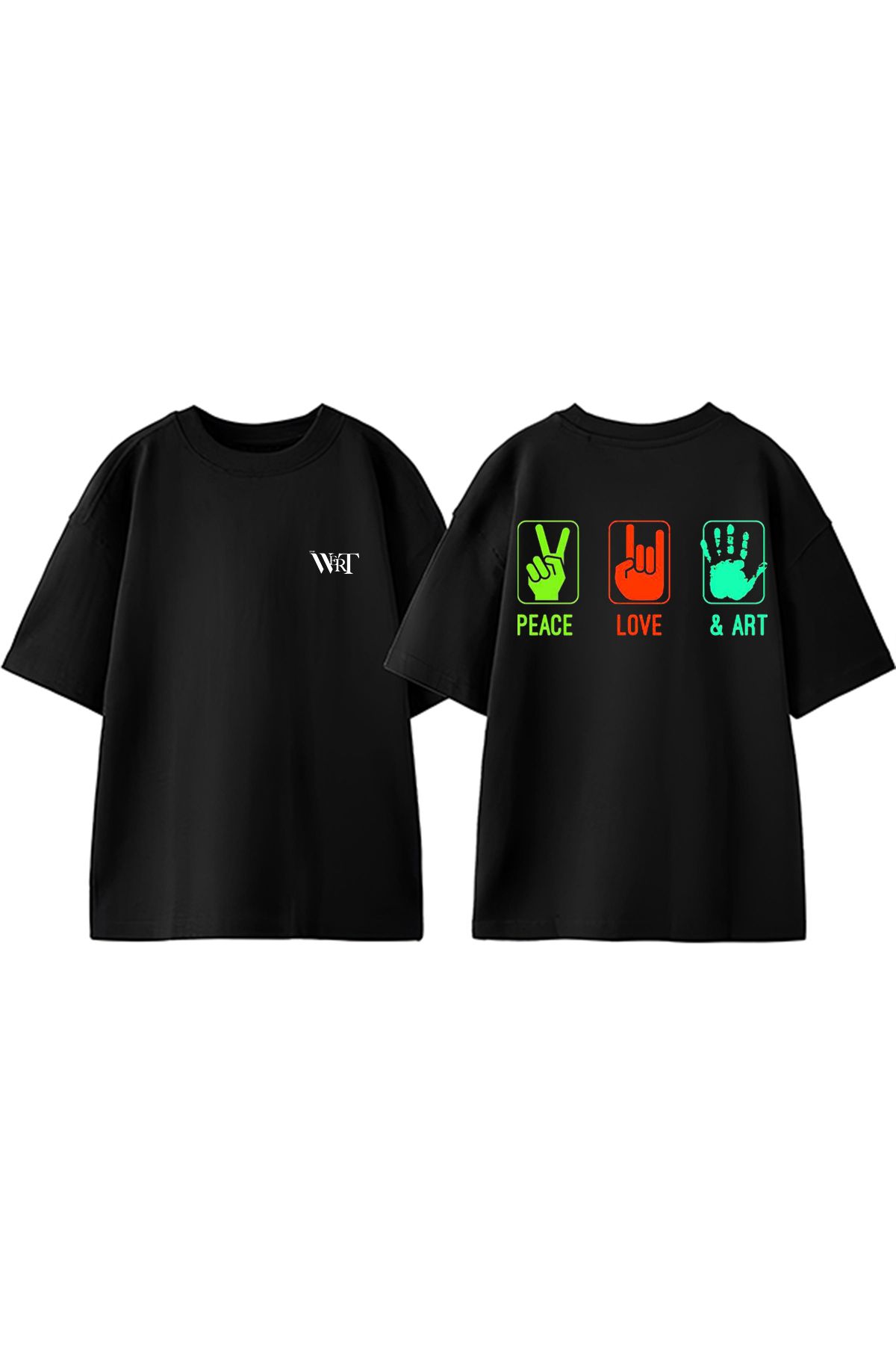 THEWERT Peace Love Art Tasarım Sırt Baskılı Pamuk Siyah Oversize T-shirt