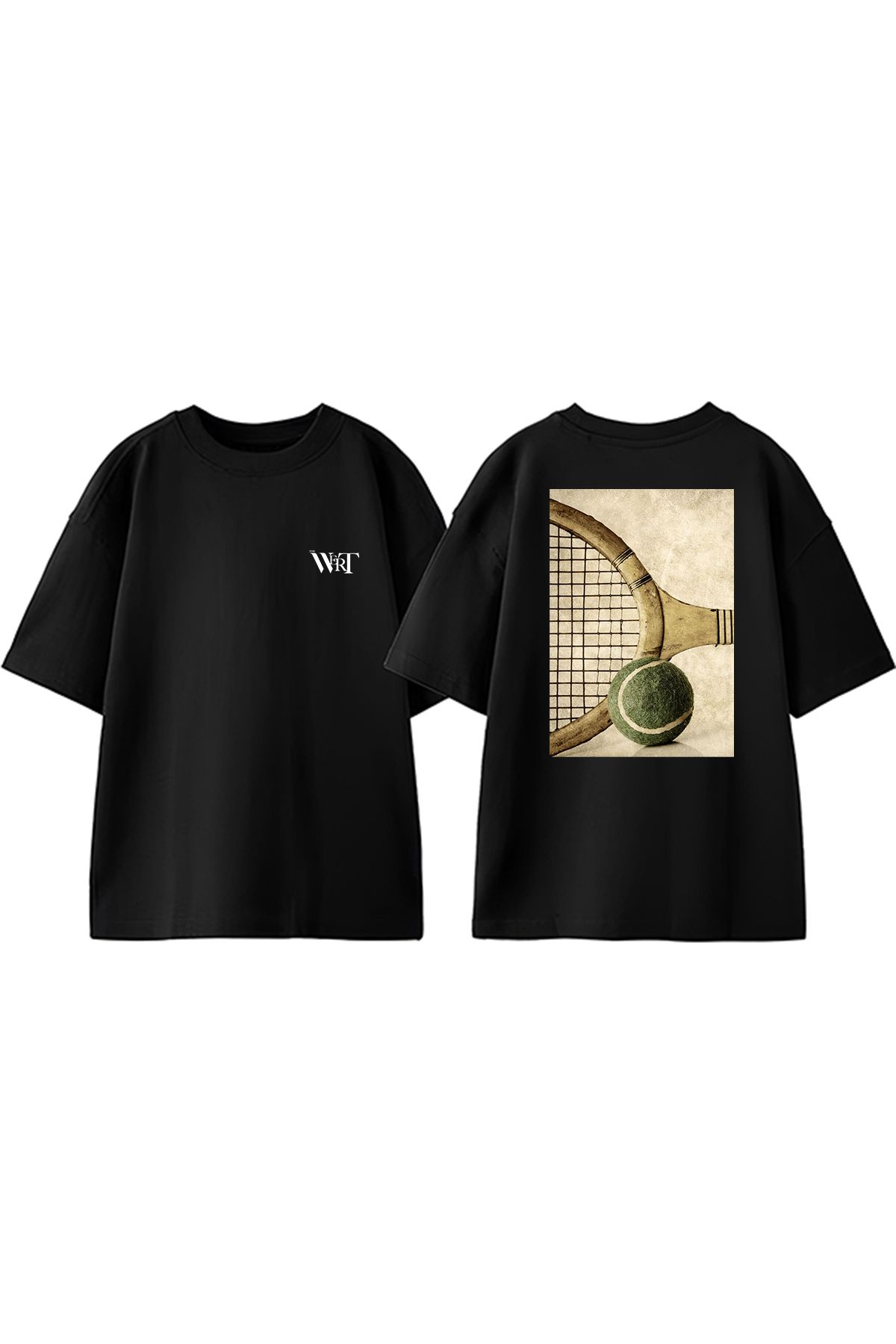 THEWERT Retro Tennis Racket And Ball Tasarım Sırt Baskılı Pamuk Siyah Oversize T-shirt