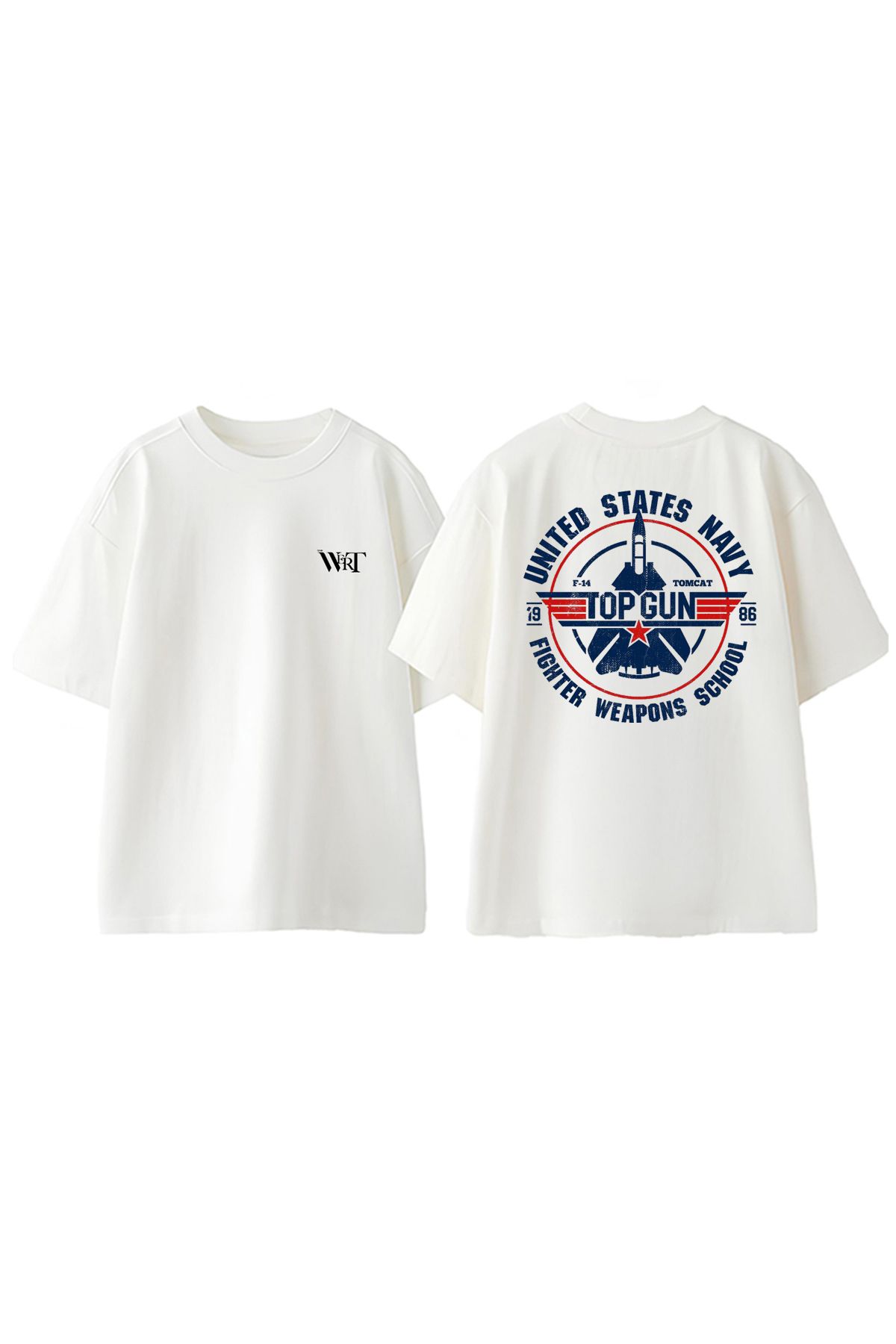 THEWERT Top Gun Tasarım Sırt Baskılı Pamuk Beyaz Oversize T-shirt