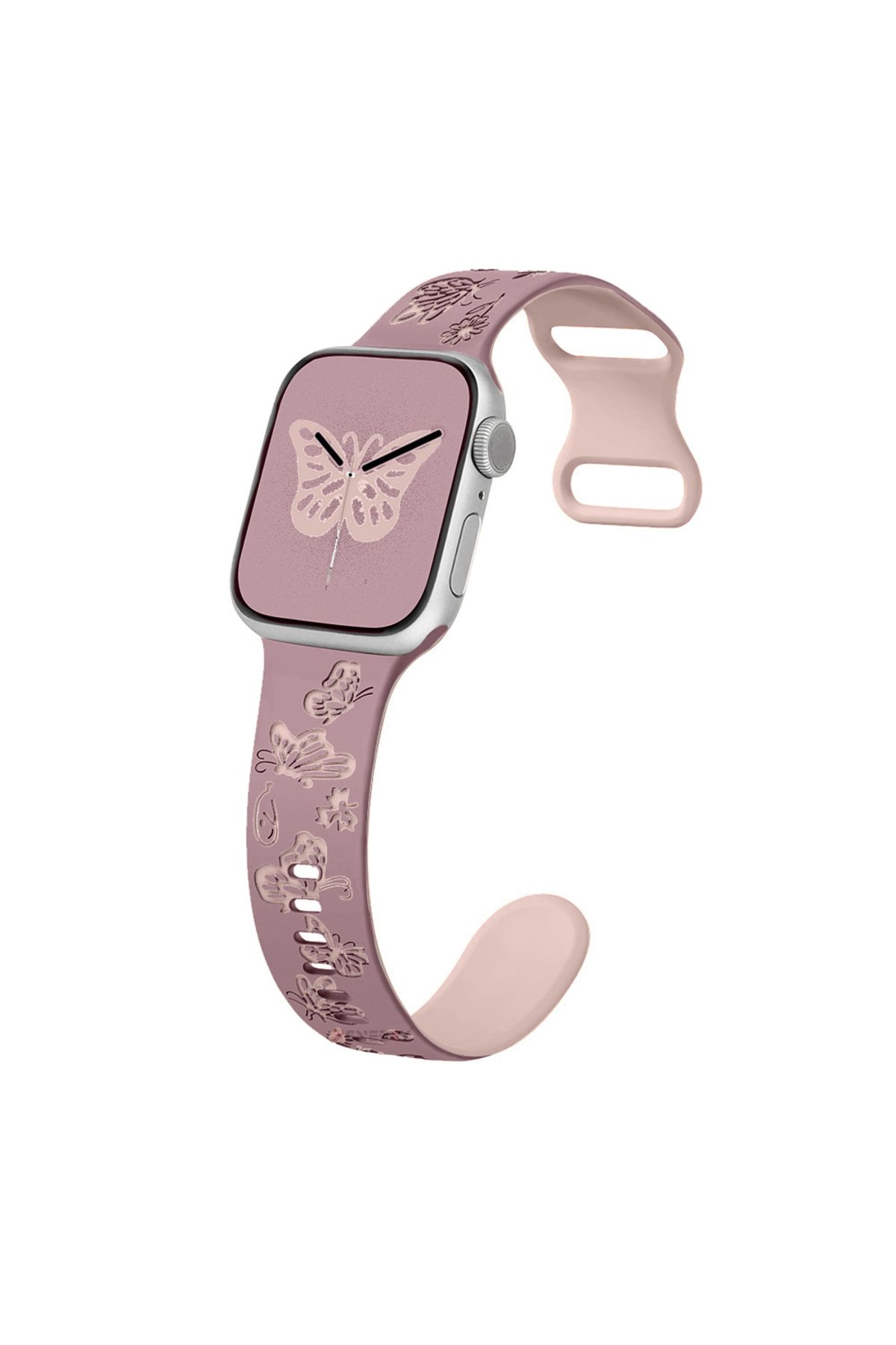 Sneezy Apple Watch Uyumlu 44 45 46mm Kelebek Desenli Yumuşak Silikon Kordon Seri 2 3 4 5 6 Se 7 8 9 10