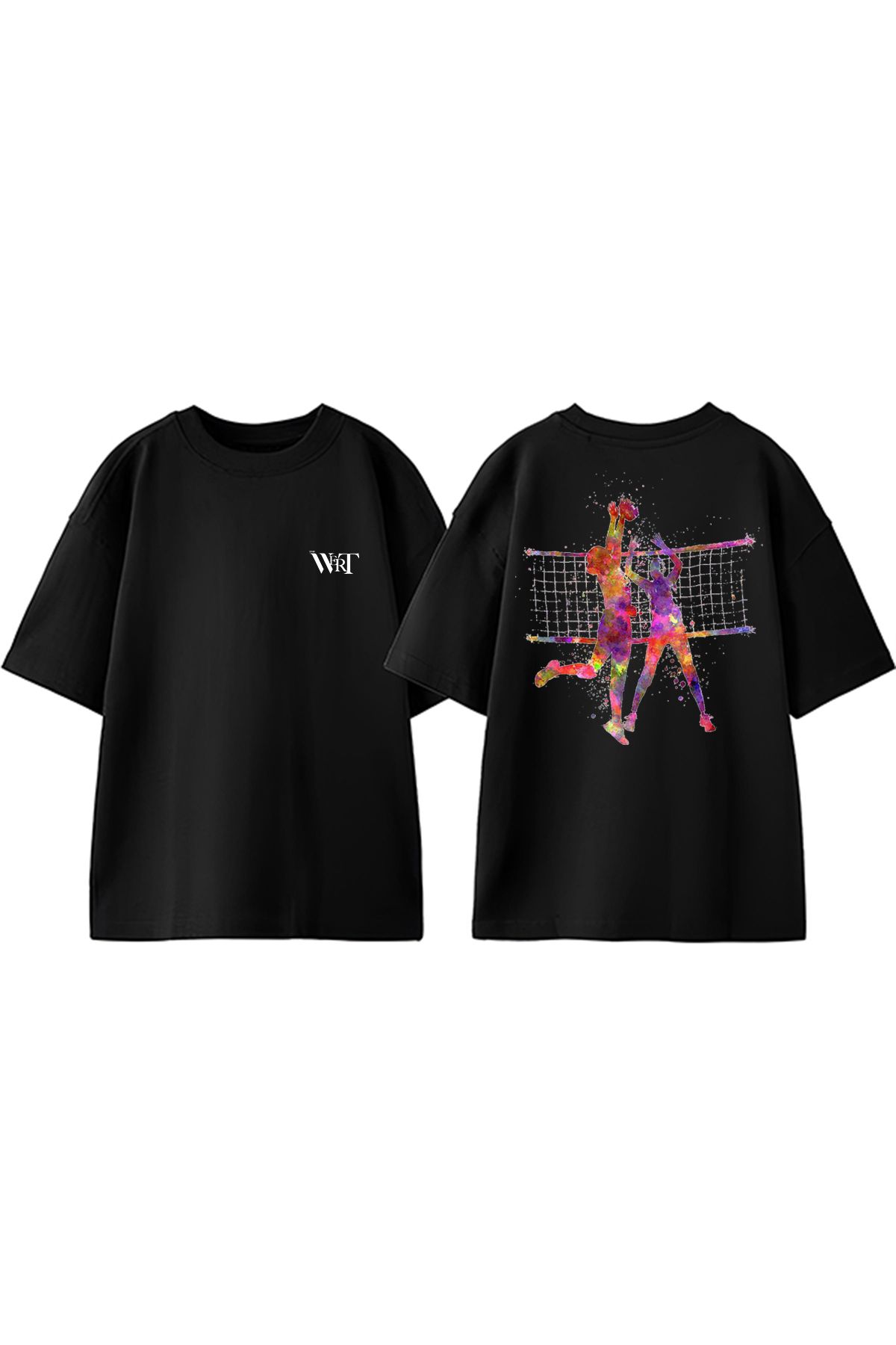 THEWERT Volleyball Renkli Tasarım Sırt Baskılı Pamuk Siyah Oversize T-shirt