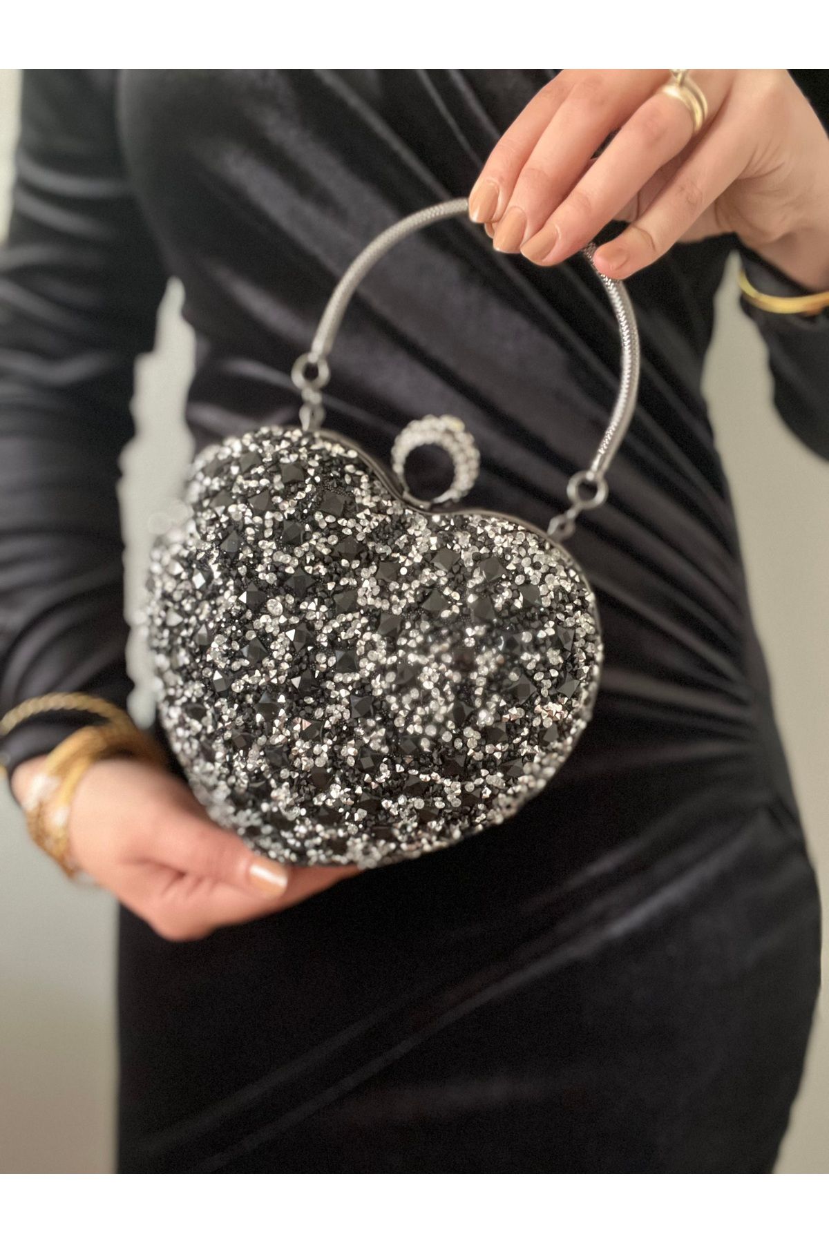 Baykuş Boutique Kalpli Abiye Çanta Kadın Kristal Taşlı El ve Omuz Askılı Abiye Çanta