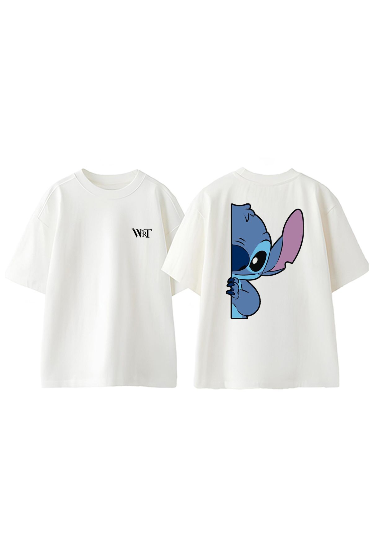 THEWERT Stitch Half Face Tasarım Sırt Baskılı Pamuk Beyaz Oversize T-shirt
