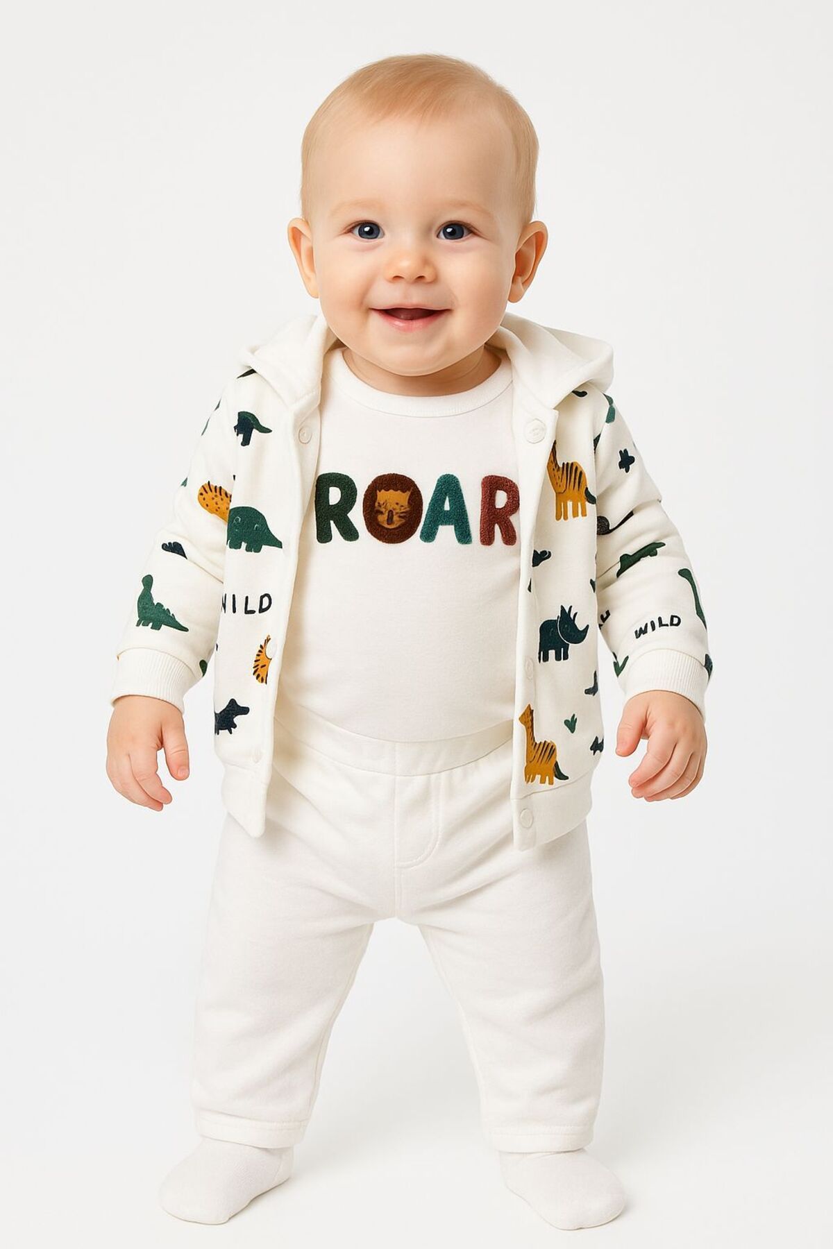 Trend Bebe Butik Erkek Bebek 3'lü Dinazor Temalı Takım | ROAR Body Hırka Pantolon Seti 0-9 Ay Bebek Kıyafeti Pamuklu