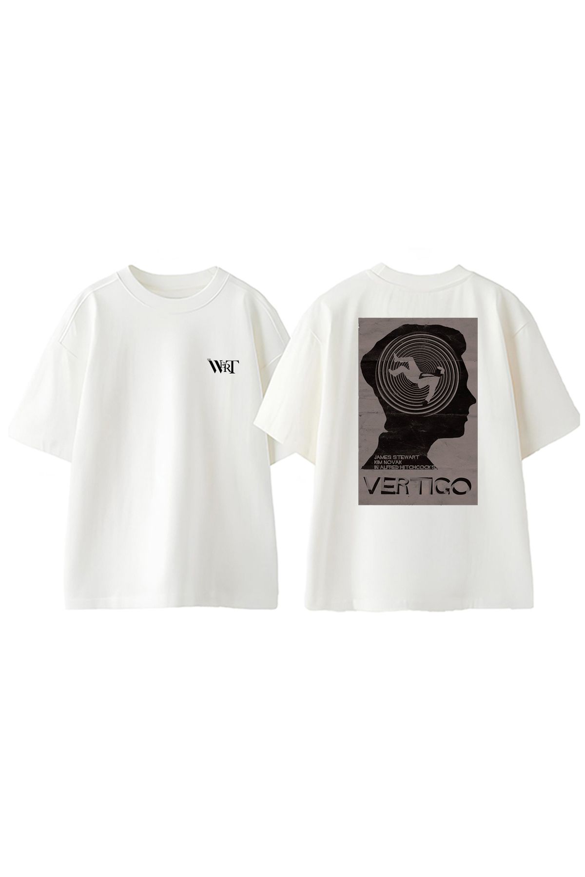 THEWERT Vertigo Film Poster Tasarım Sırt Baskılı Pamuk Beyaz Oversize T-shirt
