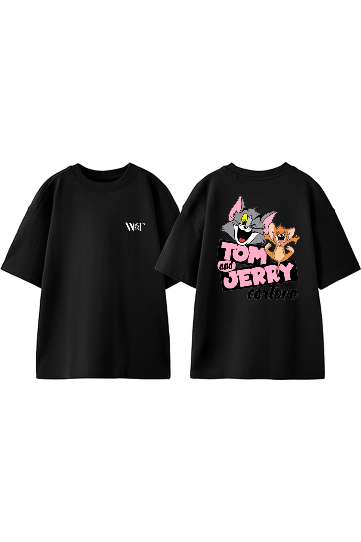 THEWERT Tom And Jerry Cortoon Tasarım Sırt Baskılı Pamuk Siyah Oversize T-shirt