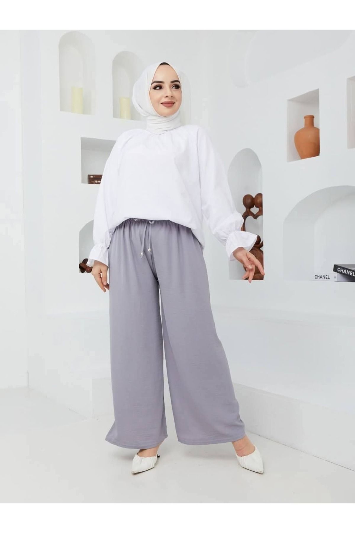 miss fasion Beli Lastikli Salaş Keten Pantolon Bol Paça
