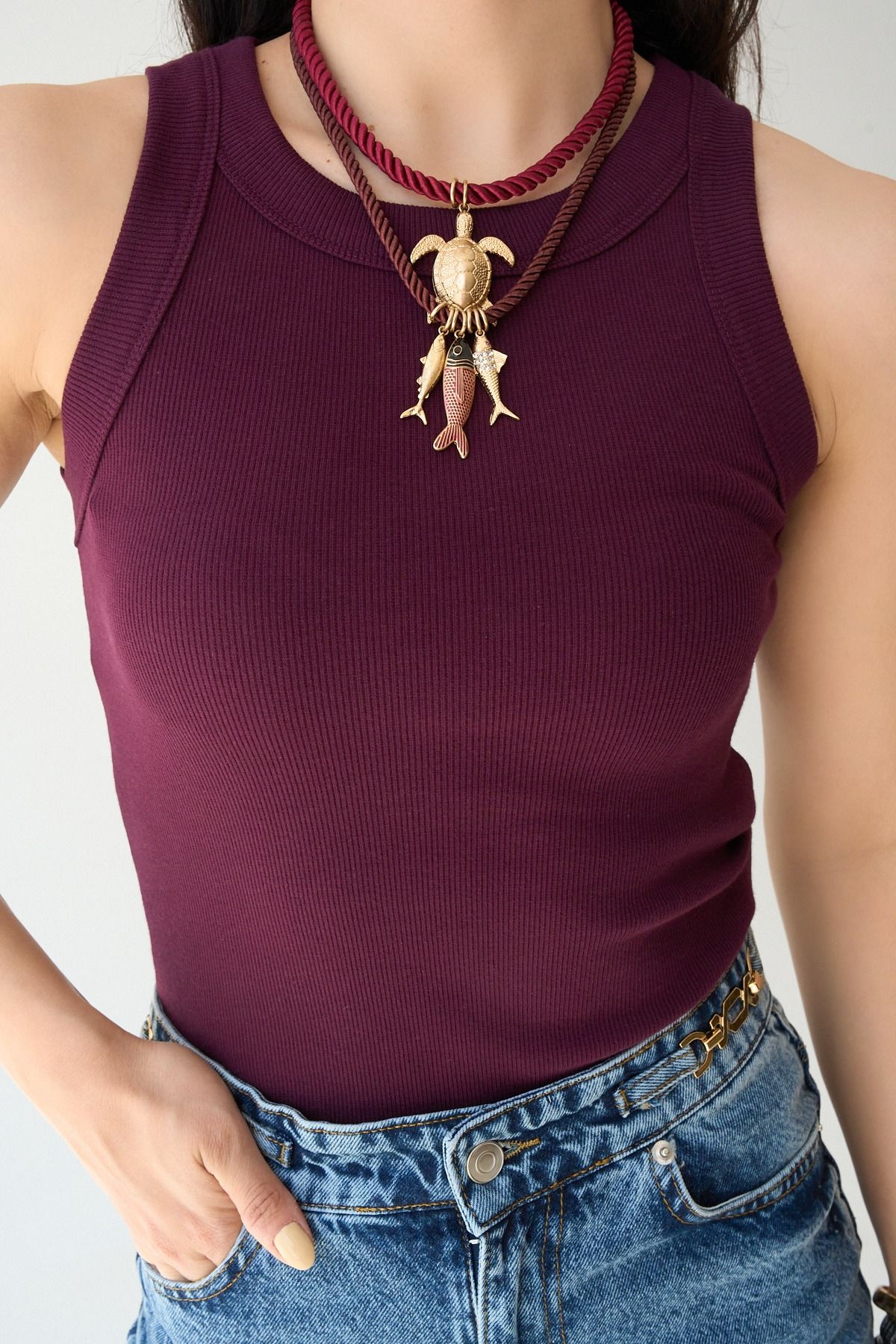 LOOSH Kadın Bordo Halter Yaka Premium Doku Fitilli Pamuklu Basic Atlet