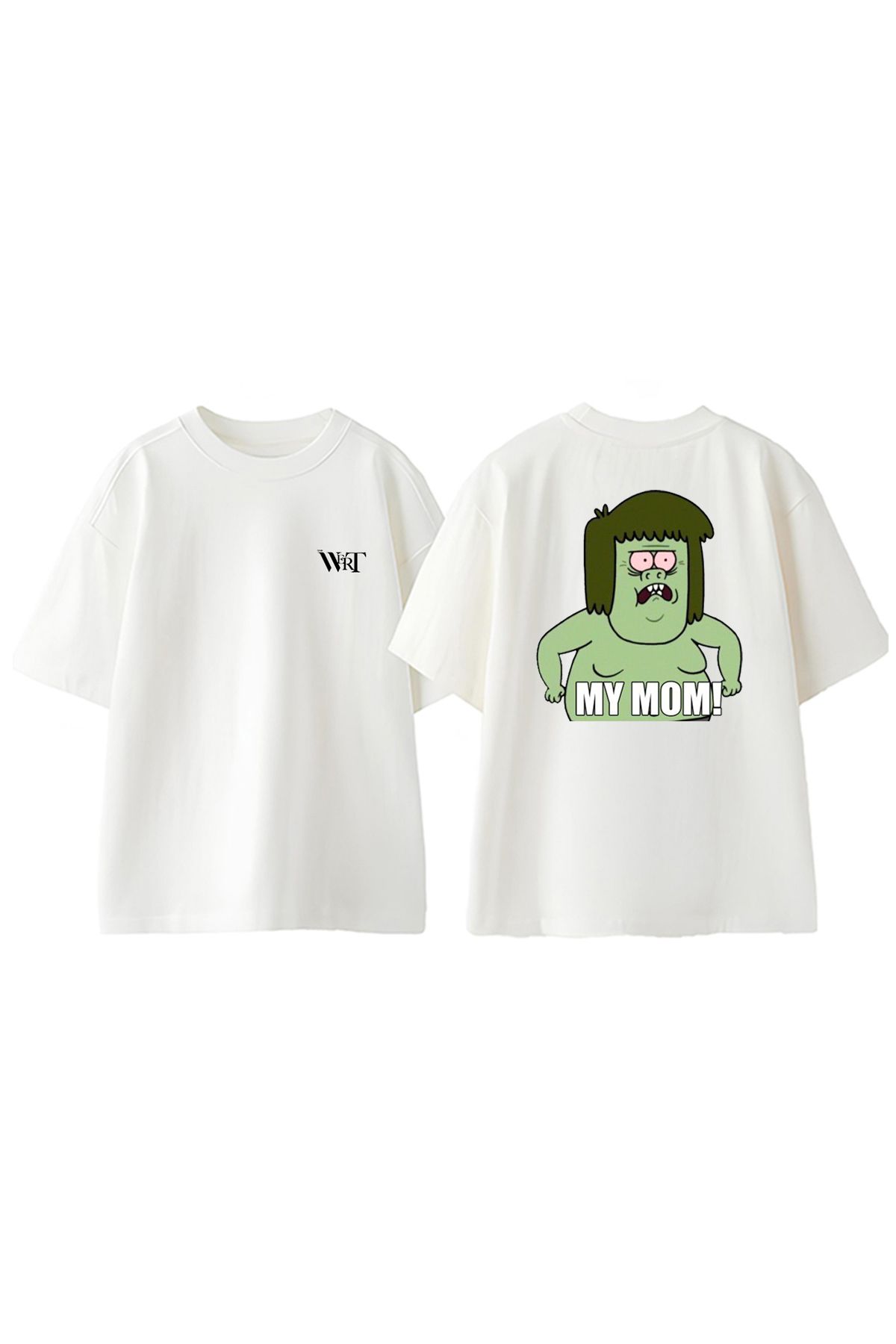 THEWERT Regular Show My Mom Tasarım Sırt Baskılı Pamuk Beyaz Oversize T-shirt