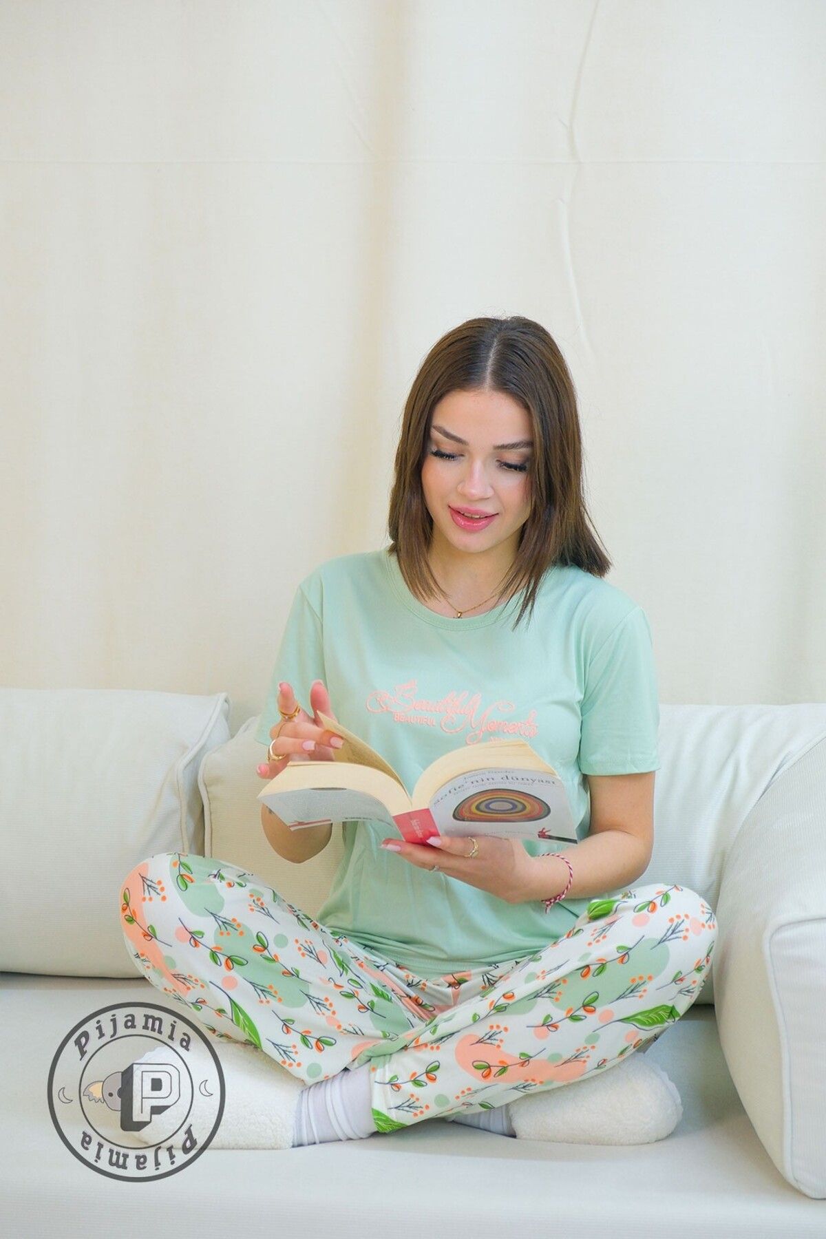Pijamia SU YEŞİLİ YAPRAK DESENLİ KISA KOL KADIN PİJAMA TAKIMI
