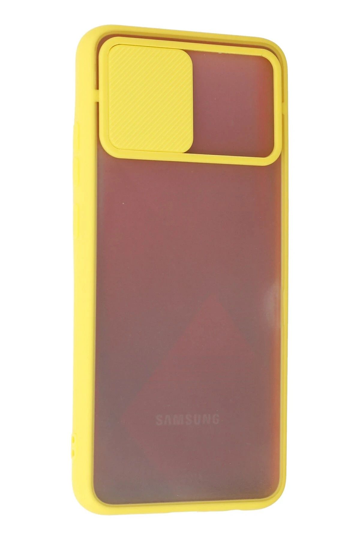 NewFace Samsung Galaxy A02S Kılıf Palm Buzlu Kamera Sürgülü Silikon - Sarı FLKRY