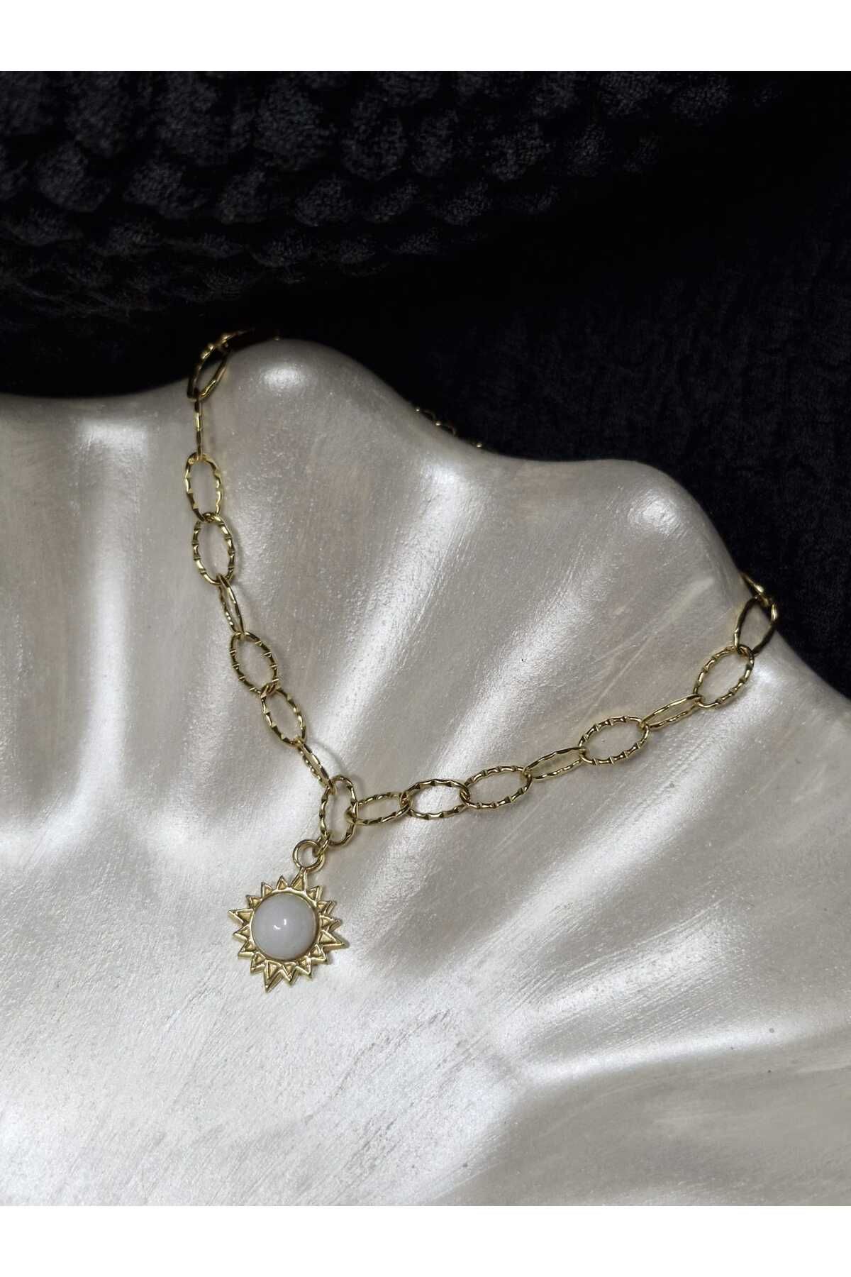 Palk Store Çelik Beyaz Taş Detaylı Güneş Zincir Bileklik Gold