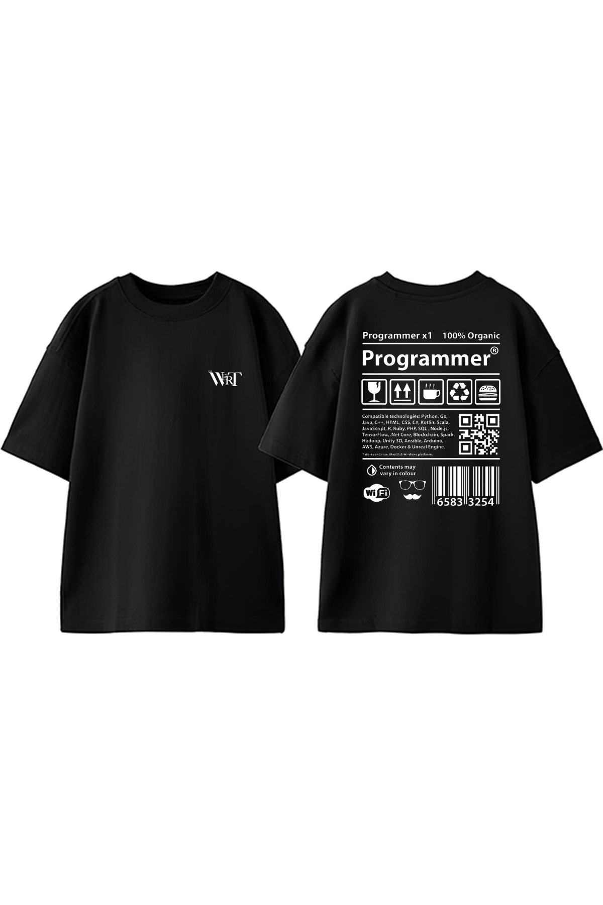 THEWERT Programmer Tasarım Sırt Baskılı Pamuk Siyah Oversize T-shirt