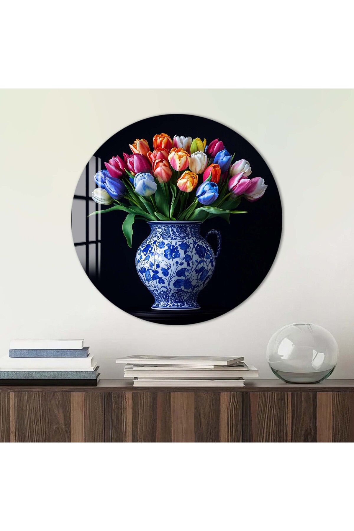 Artmate Yuvarlak Temperli Kırılmaz Çiçek Cam Tablo